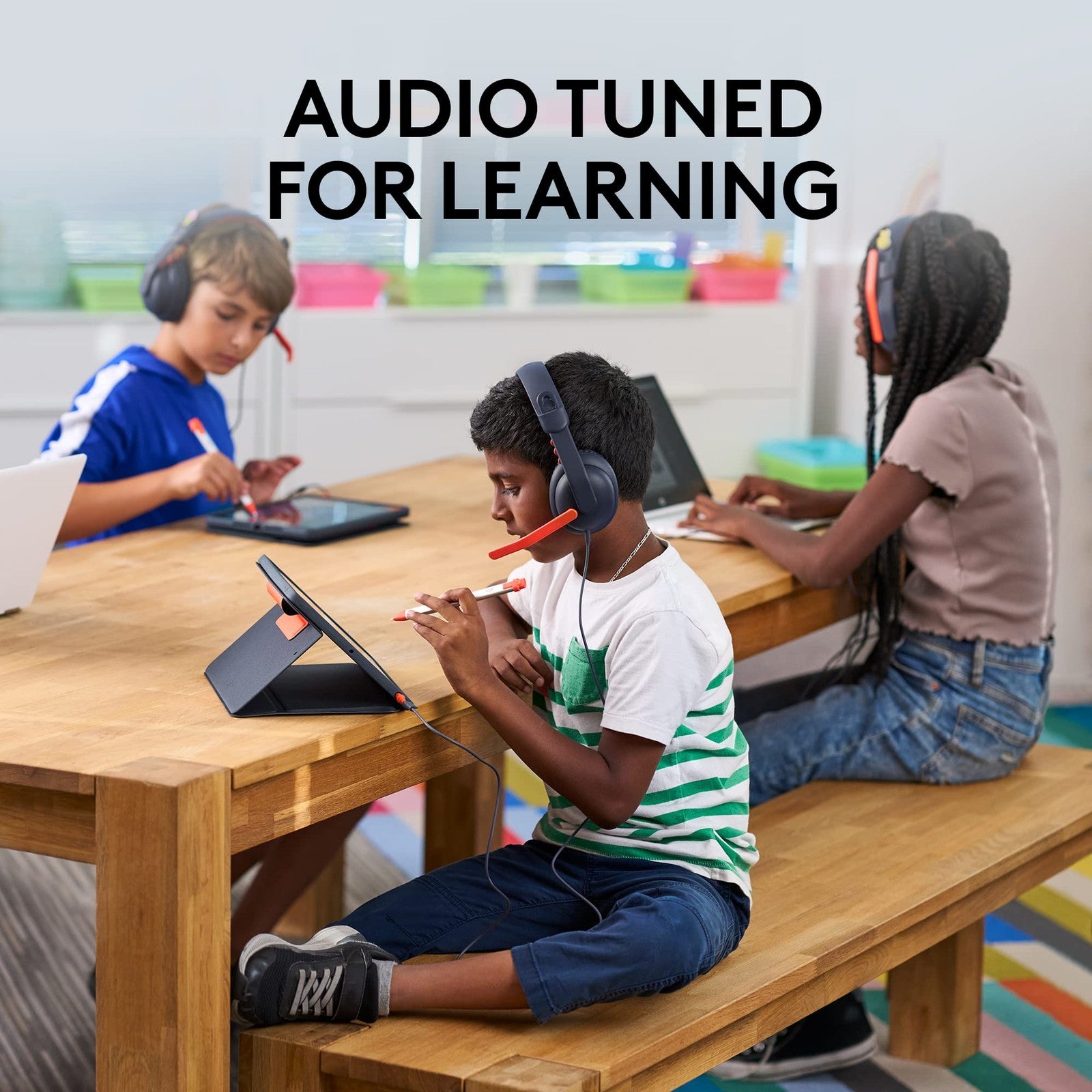 Logitech Zone Learn wired headset with adjustable headband and comfortable ear cushions, designed for learners and online communication.