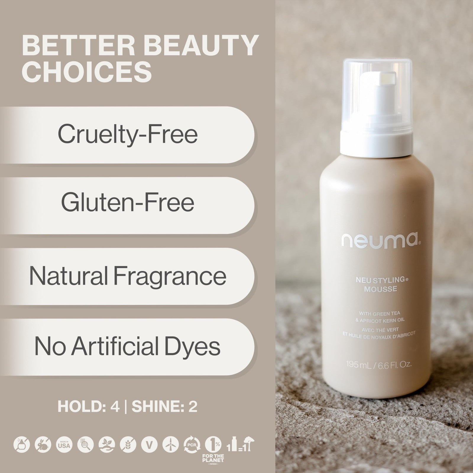 Neuma Neu Styling Hair Mousse in 6.6 oz bottle with lavender scent, providing volume and hold for styled hair.