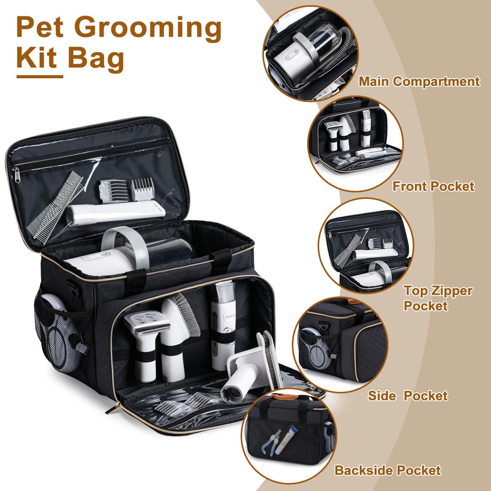 BABEYER dog grooming vacuum bag for pet hair, compact and durable grooming kit bag with zipper closure for dog grooming tools.