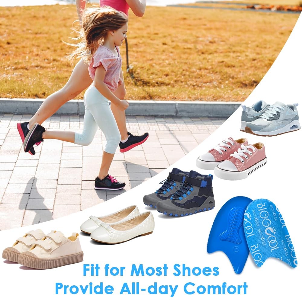 BIGGCOOL Kids heel cups, lightweight shock-absorbing inserts with cushioned support for children's shoes.