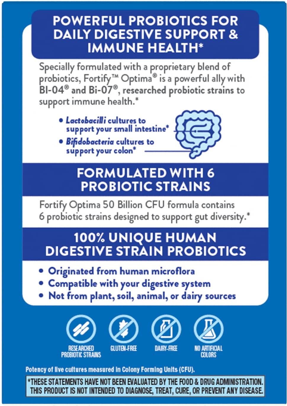 Nature's Way Fortify Optima probiotic bottle with 50 billion live cultures for men and women in a plastic container.