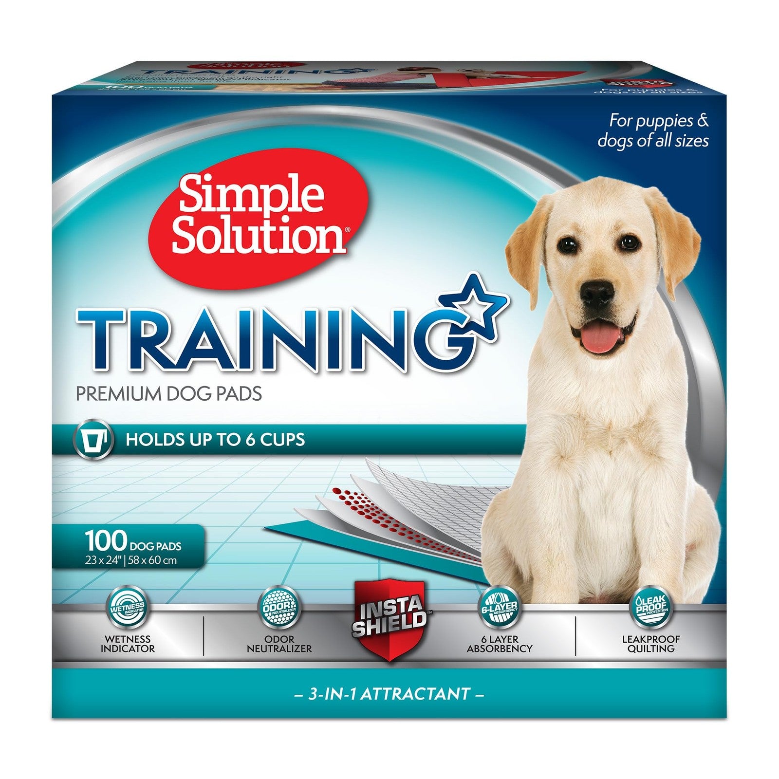 Large puppy training pads by Simple Solution, leak-proof dog potty pads in a 100-count pack, designed for effective indoor training.