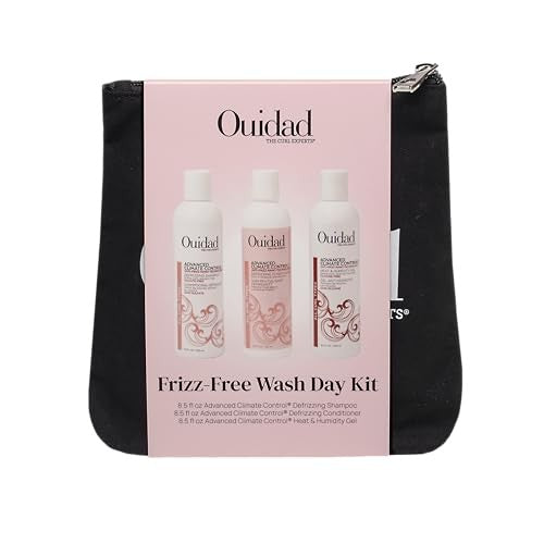 Ouidad Frizz-Free Wash Day Hair Care Kit for curly hair, featuring anti-frizz shampoo and styling products in a natural setting.