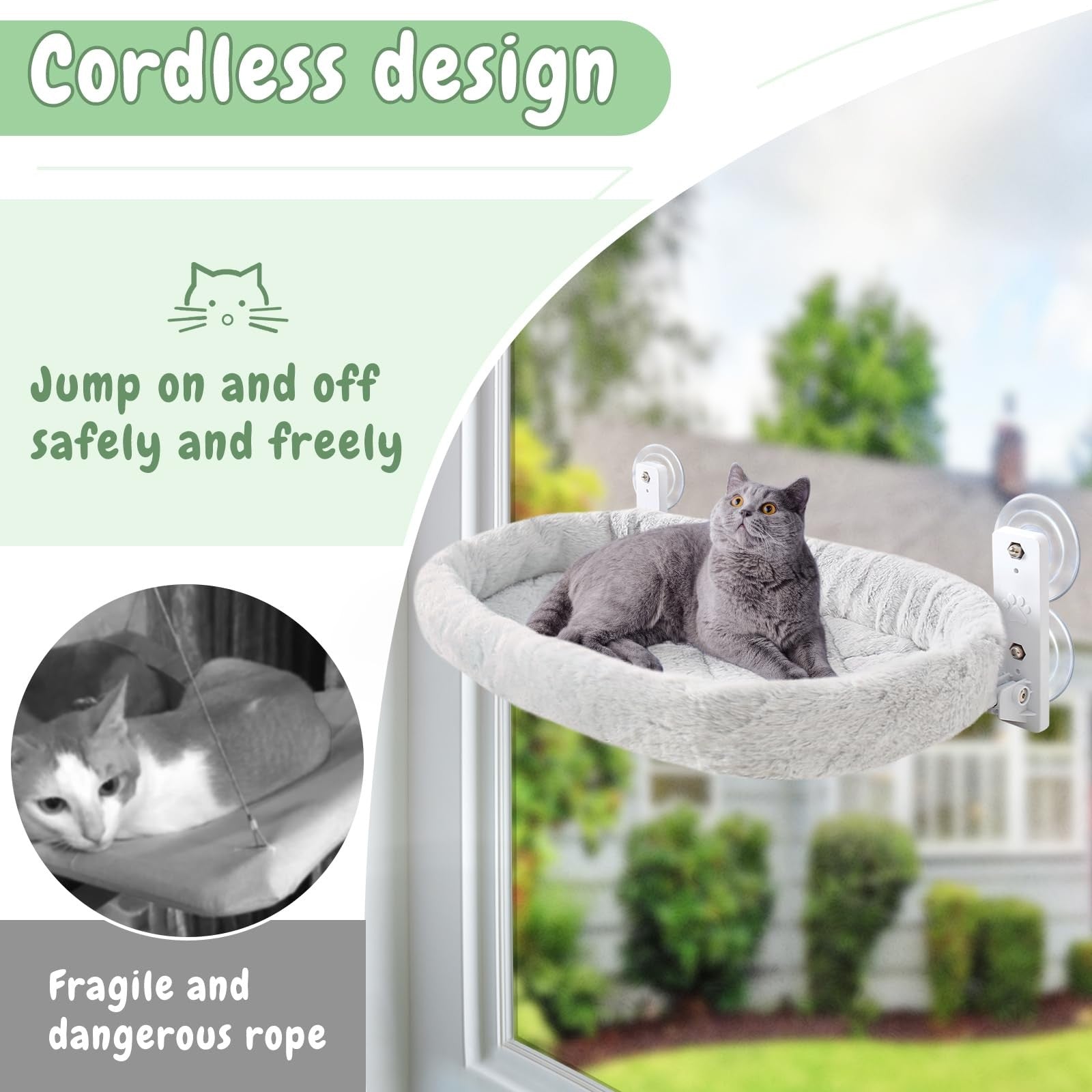 Sunhoo 2-piece cat window perch hammock with foldable sunny bed seat and suction cups, designed for comfortable outdoor lounging.