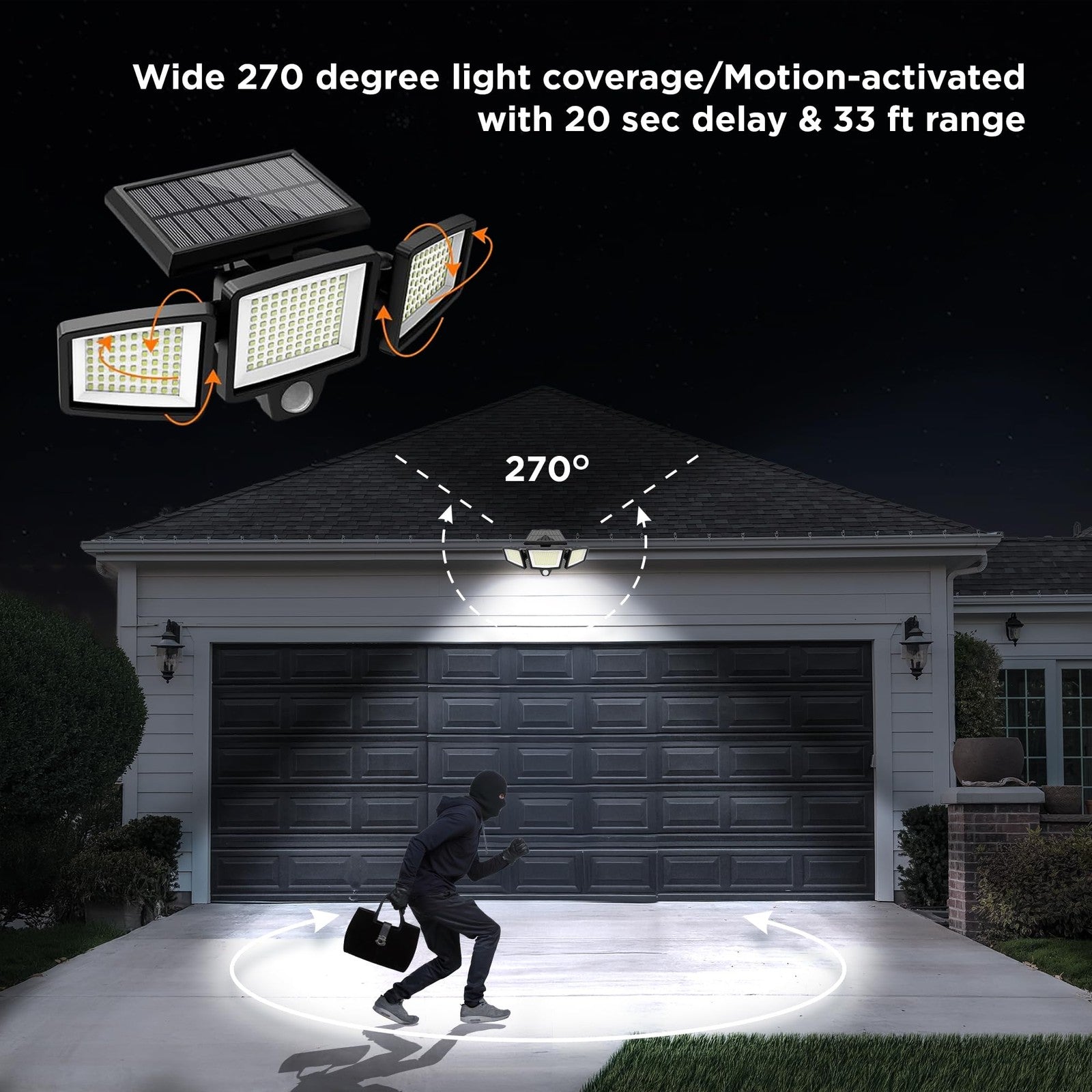 Tooslress AMS1971 1000-Lumen gutter-mount triple-head solar security light installed on a house gutter.