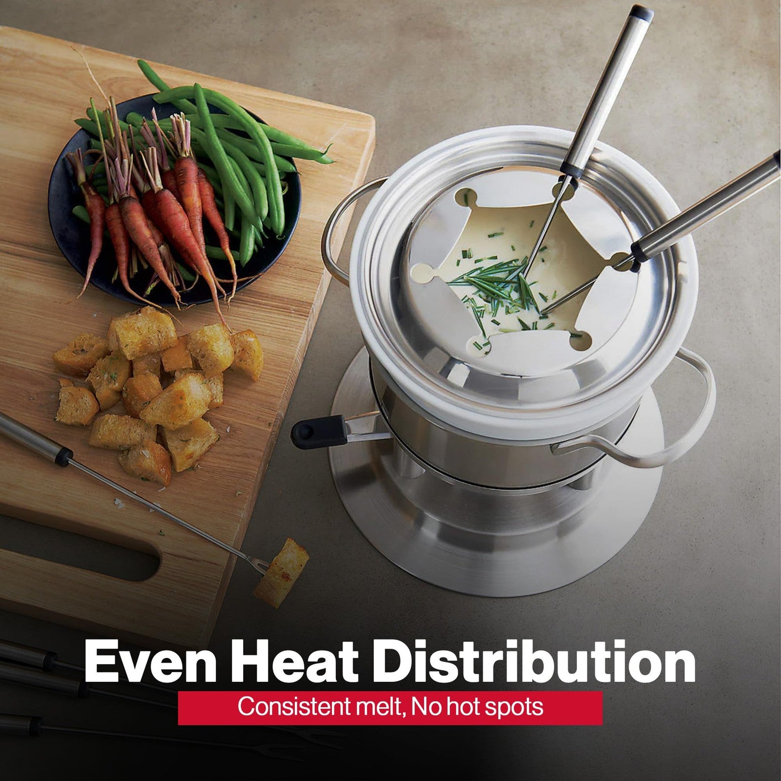 Swissmar Arosa 11-piece stainless steel 3-in-1 fondue set with forks, stand, and pot for cheese, chocolate, or broth fondues.