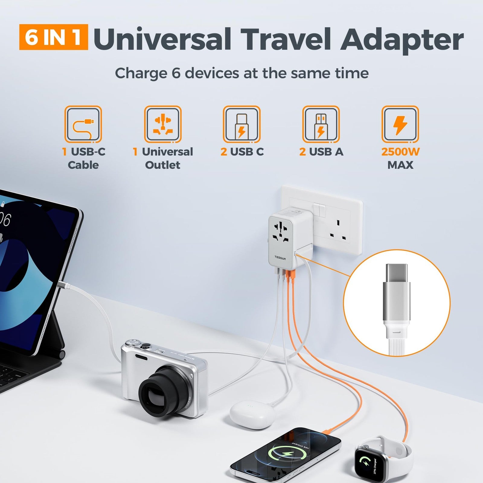 TESSAN universal travel adapter with PD 35W GaN, built-in international power plug and multiple USB ports for global device charging.