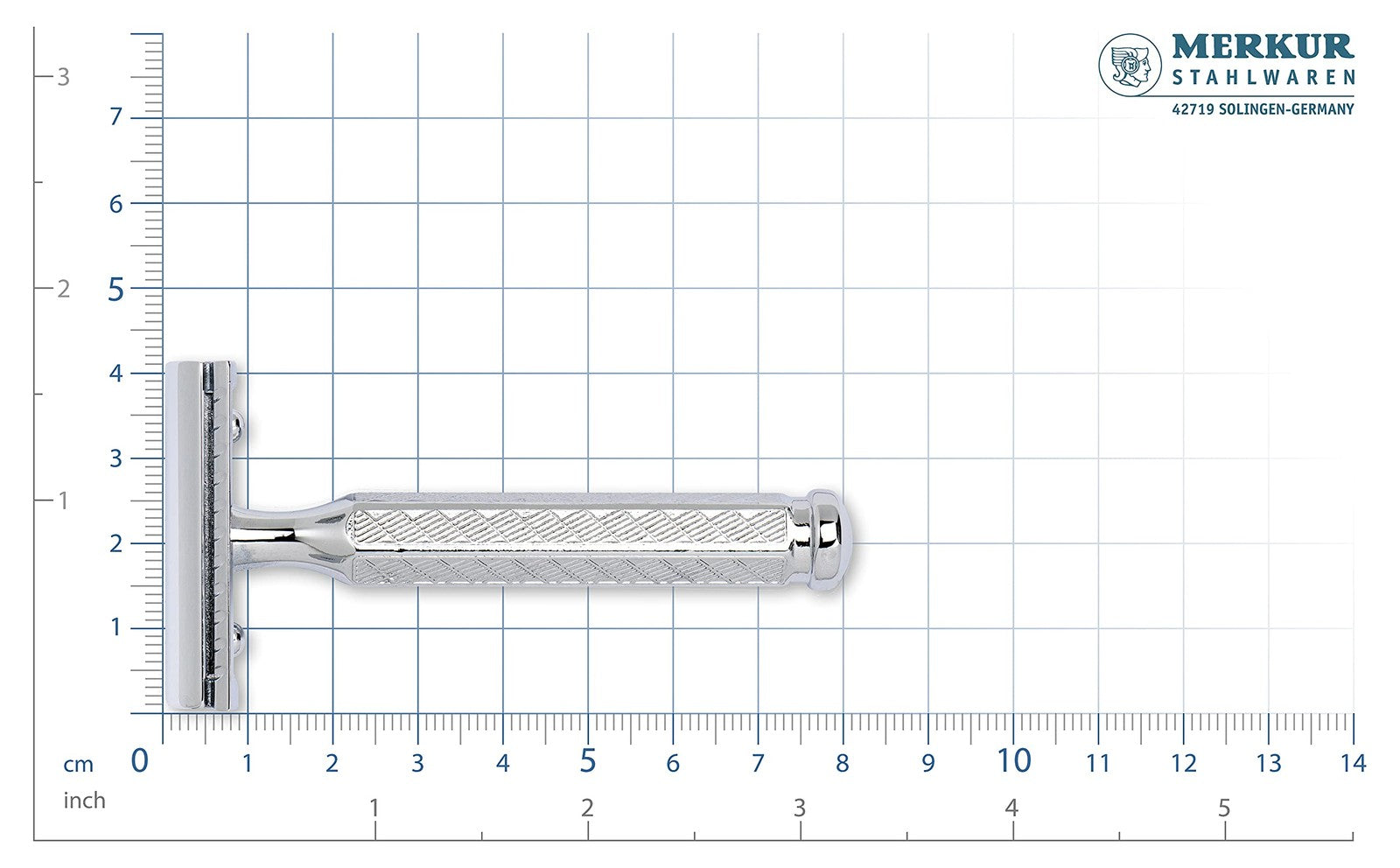 Mercur 42C double edge safety razor with hexagonal handle and 3-piece design for a close shave, shown from side angle.