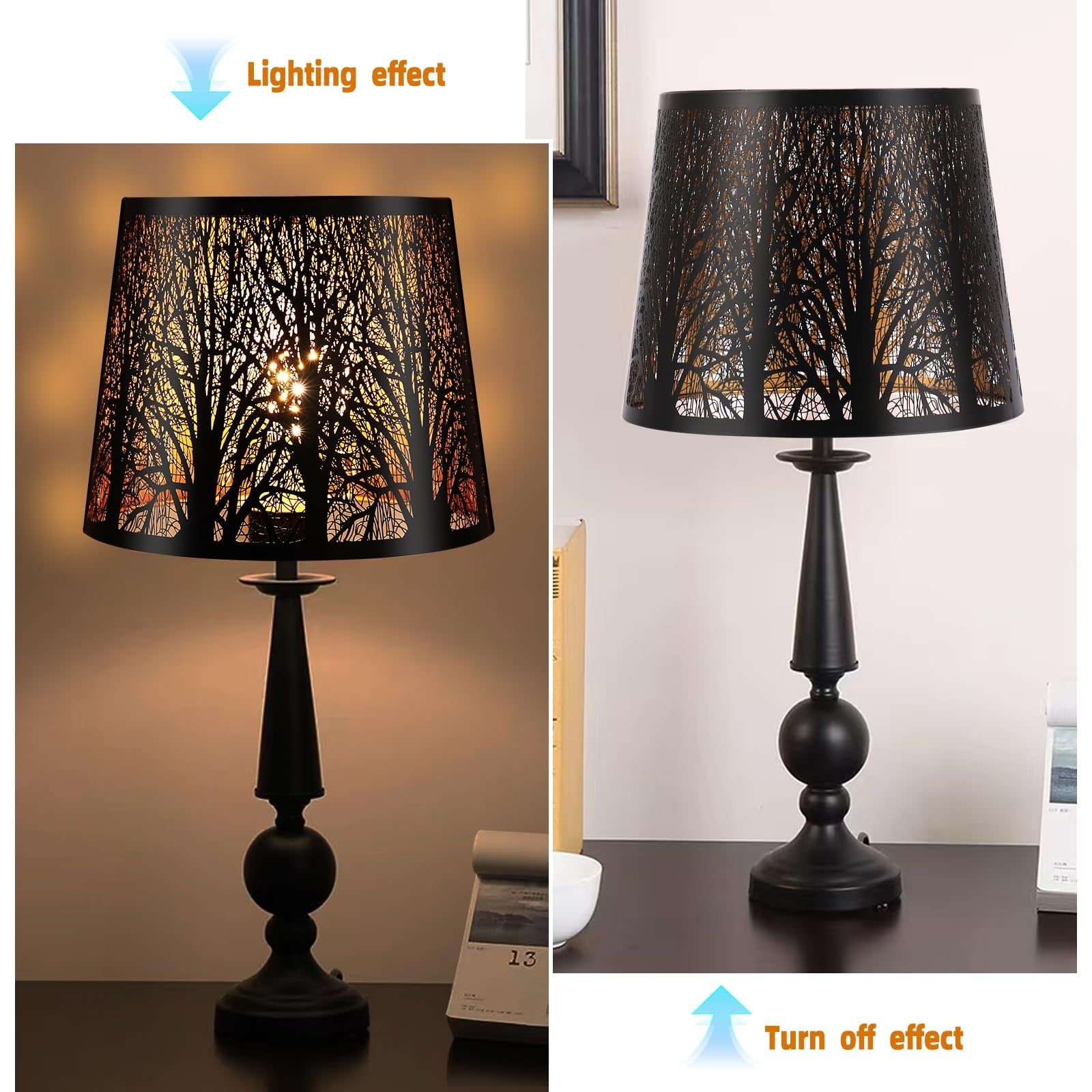 KOZEOTA metal drum lamp shades set of 2 with black finish, 7.9" top, 9.8" bottom, and 7.9" height for table or ceiling lighting.
