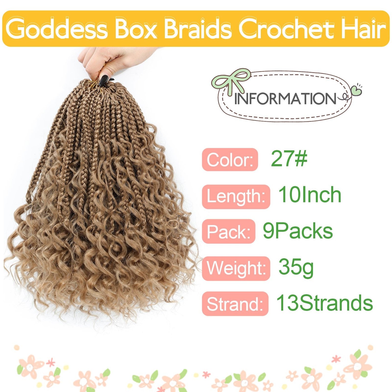 Fulcrum Goddess Box Braids Crochet Hair in 10-inch length, displayed in 9 packs with boho-style box braid crochet hair.