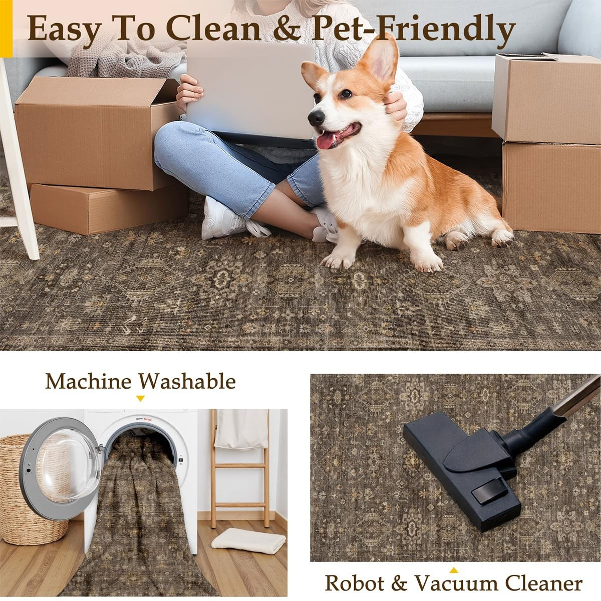 WondRg vintage brown washable runner rug for hallway or kitchen, non-slip low pile design with textured surface.