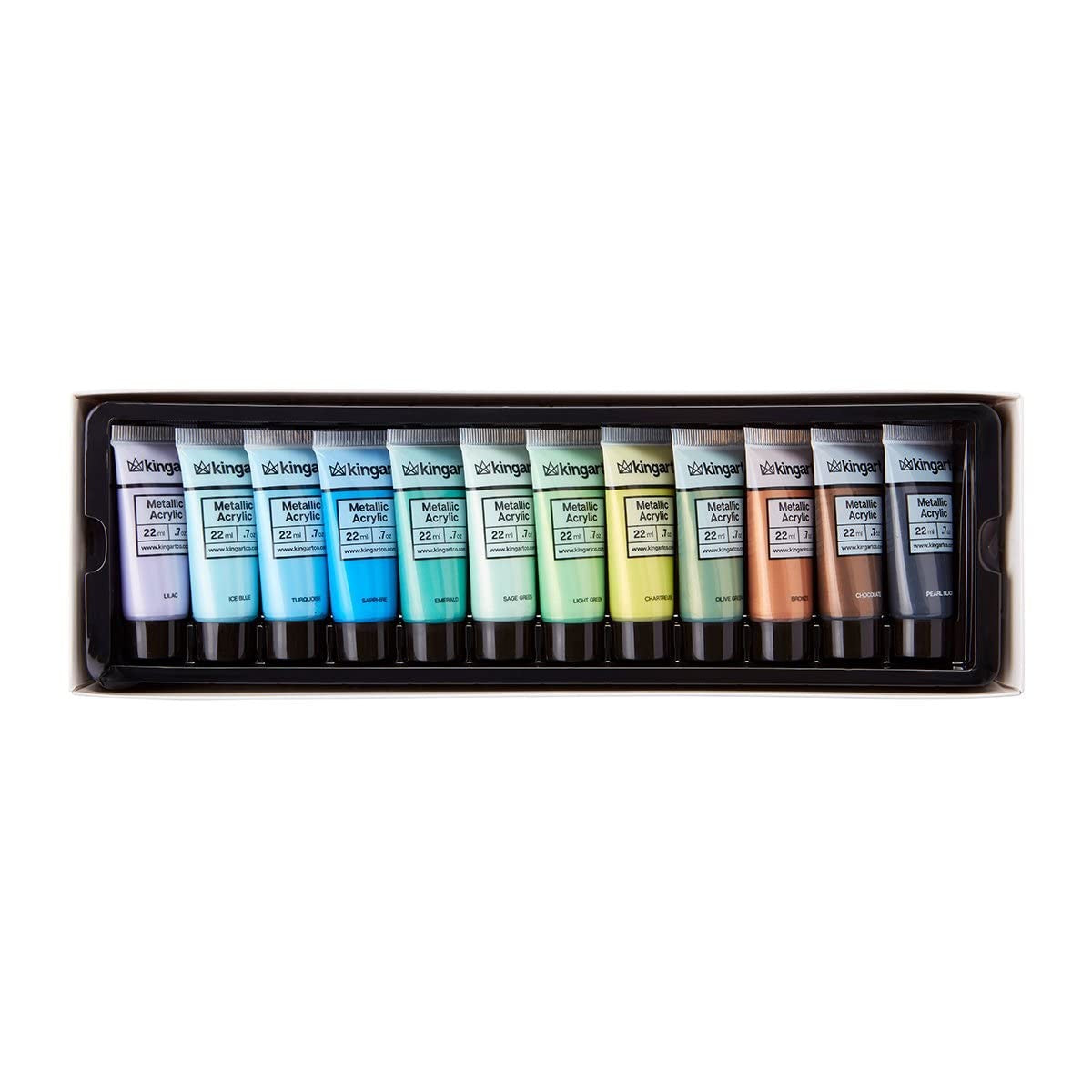 KINGART metallic acrylic paint set with 24 tubes of vibrant colors, 0.74 oz each, arranged in storage container.