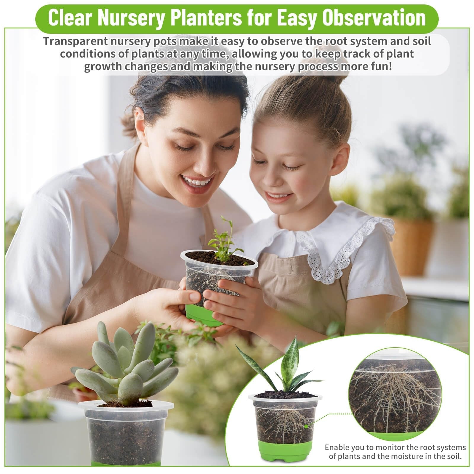 Caffox 57-piece reusable seed starter kit with 26 clear 4-inch nursery pots and planting tools for gardening and propagation.