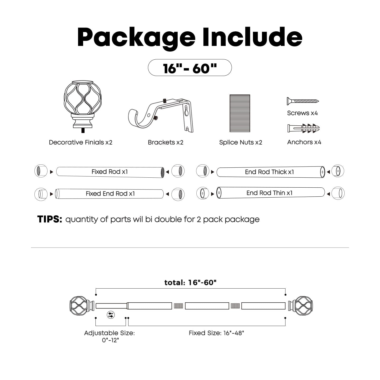 WIN4ALL 2-pack silver heavy-duty curtain rods, 28-48 inch adjustable, for windows, with 1-inch diameter.
