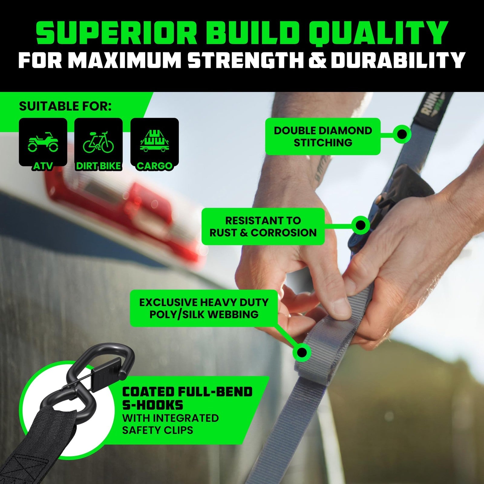 Rhino USA ratchet straps tie downs 4-pack, 1 inch by 15 feet, heavy-duty 1823 lb break strength, shown coiled and ready for use.