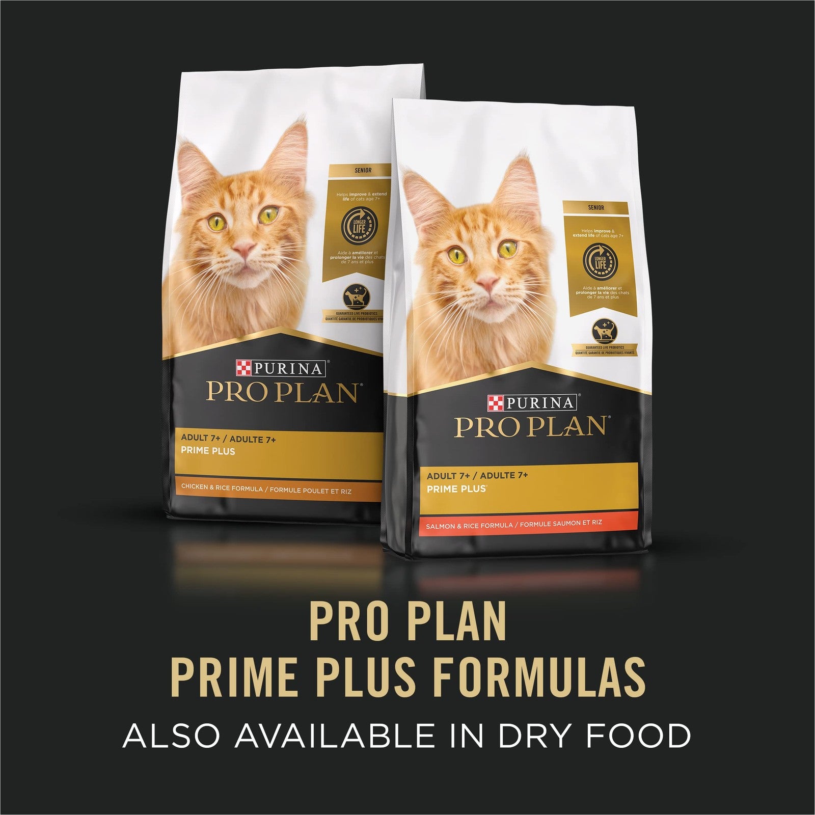 Canned Purina Pro Plan Grain Free Senior Wet Cat Food Pate with cod and shrimp for older cats, in a white dish.