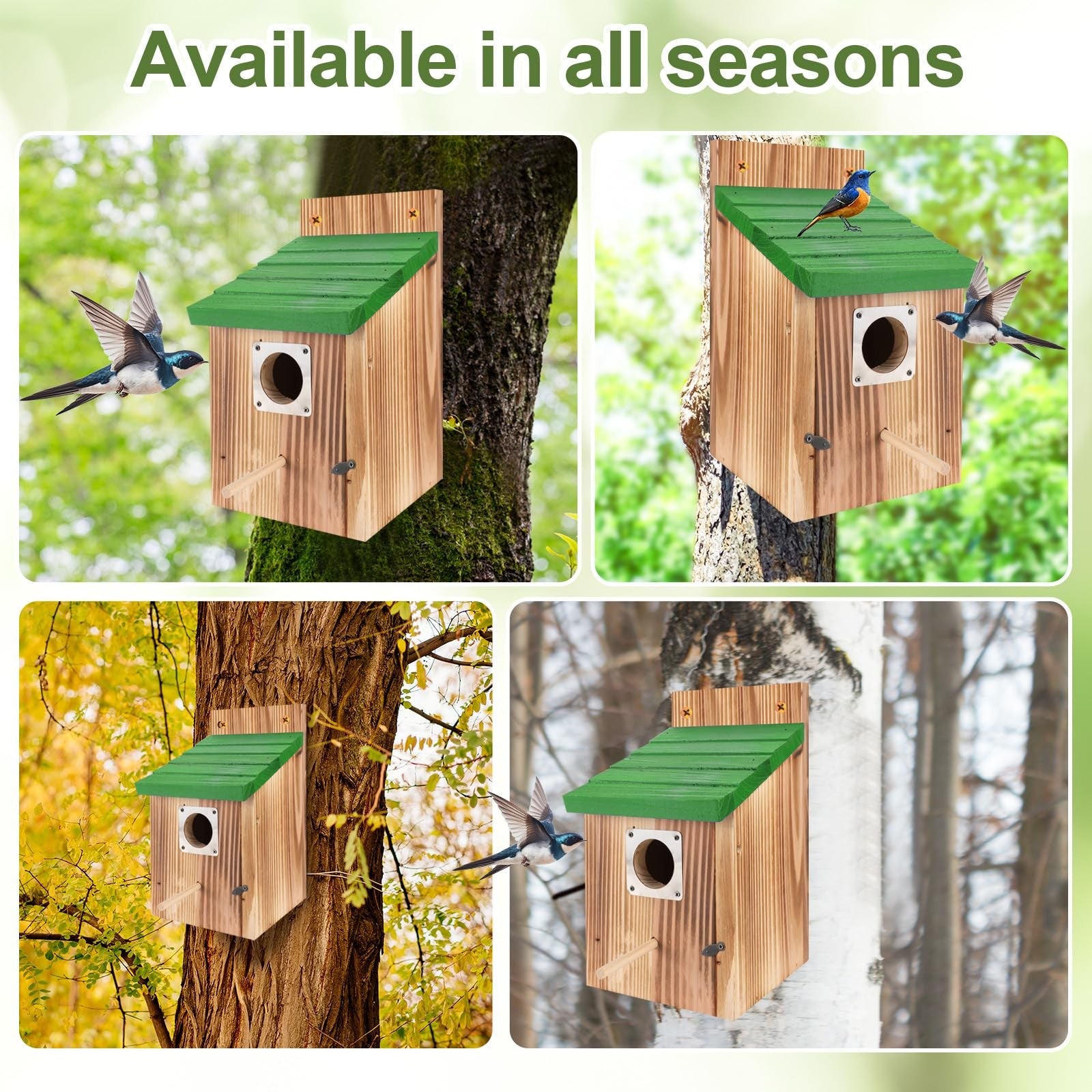 Four blue wooden bird houses for outdoors by Hoamayya, featuring predator guards and suitable for bluebirds.