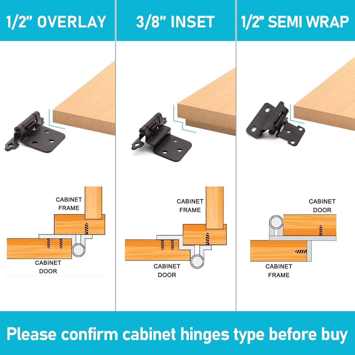 Funghwang 60-pack black semi-wrap overlay hinges for cabinets, modern 1/2 inch size, showing hinges attached to wooden cabinet doors.