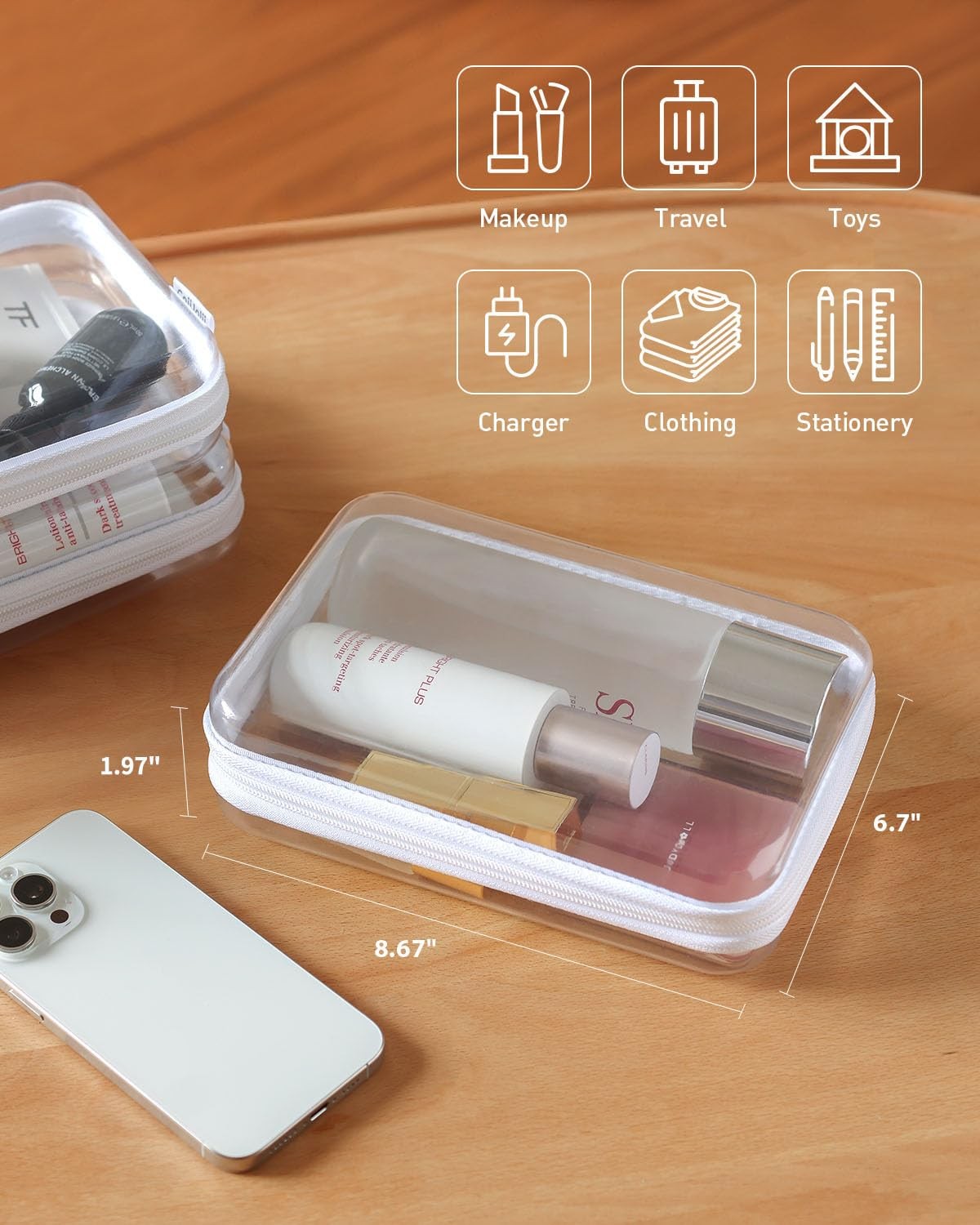 CoiiJoii 3-piece clear hard shell zipper cosmetic case set with portable organizer for makeup and toiletries.