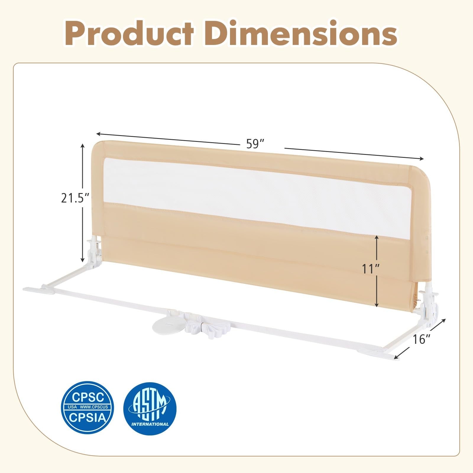 Baby Joy toddler bed rails, 59-inch long swing-down bed guard with safety features, shown installed on a toddler bed.