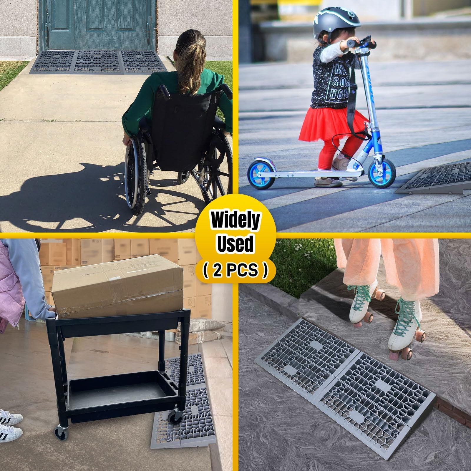 HOXWELL modular threshold ramp for doorways, 2-inch rise wheelchair ramp designed for home accessibility, showing the ramp installed at a doorway.
