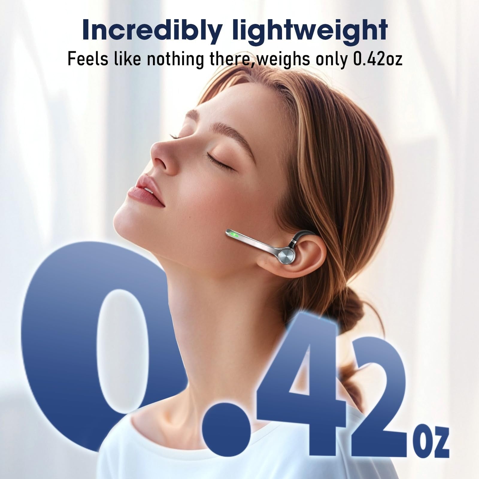 Ngod Bluetooth wireless headset with noise-canceling mic, 72-hour talk time, 500mAh battery, shown with ear hook and microphone.