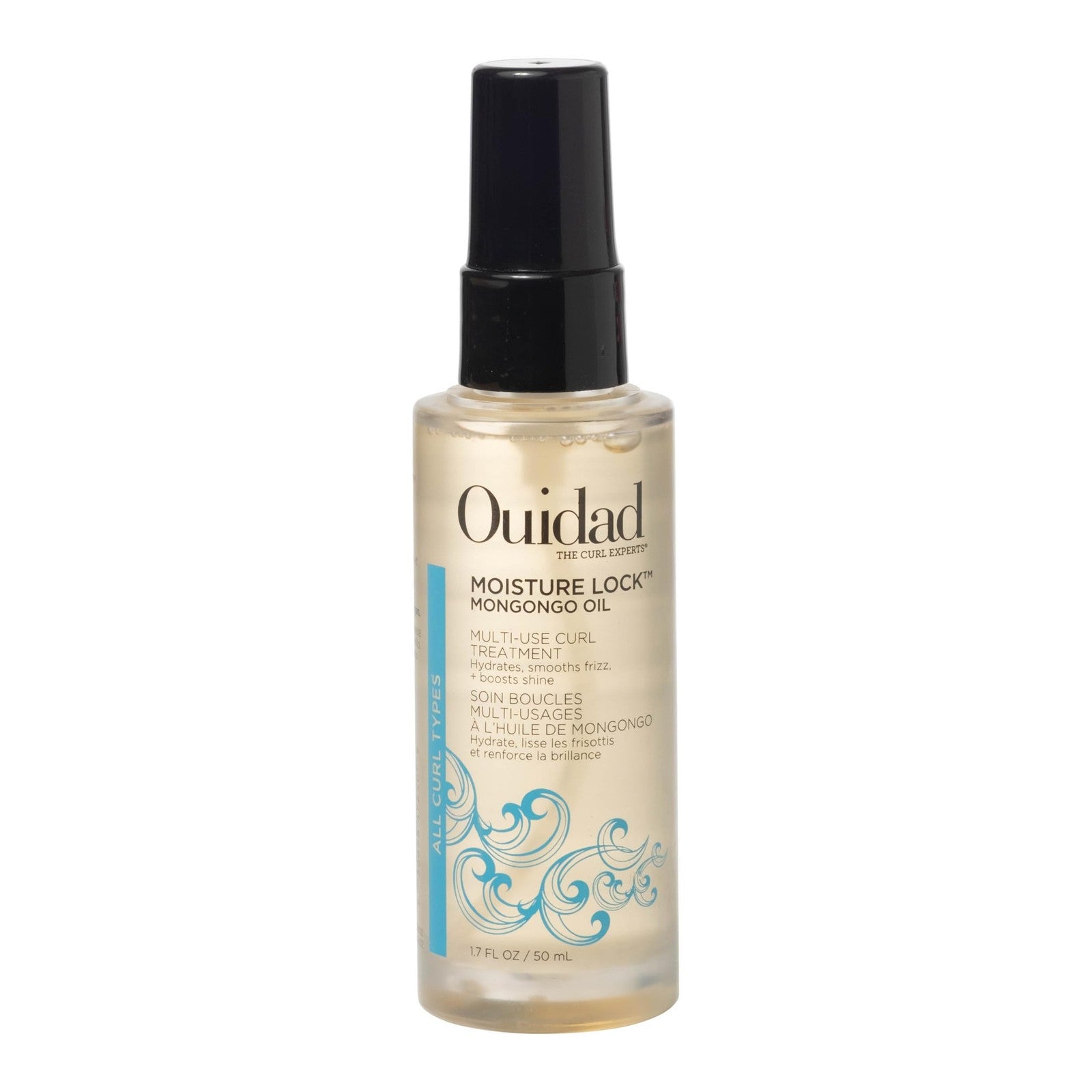 Ouidad Moisture Lock Mongongo Hair Oil for curly hair, 1.7 fl oz, with dropper applicator and natural finish on curly hair.