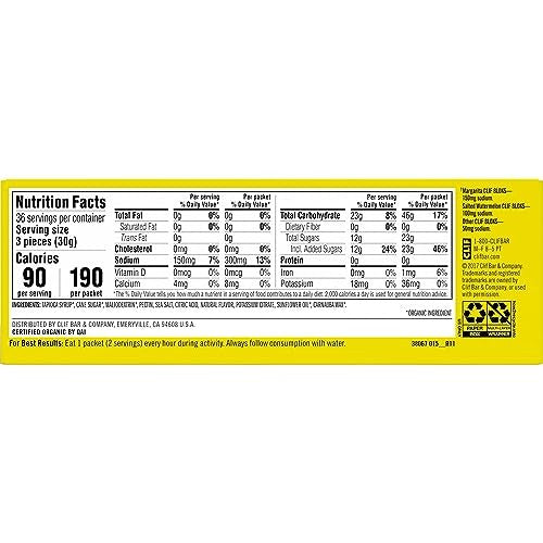 Clif Bloks Margarita flavor energy chews in a pack, featuring non-GMO, plant-based ingredients and electrolytes for active lifestyles.