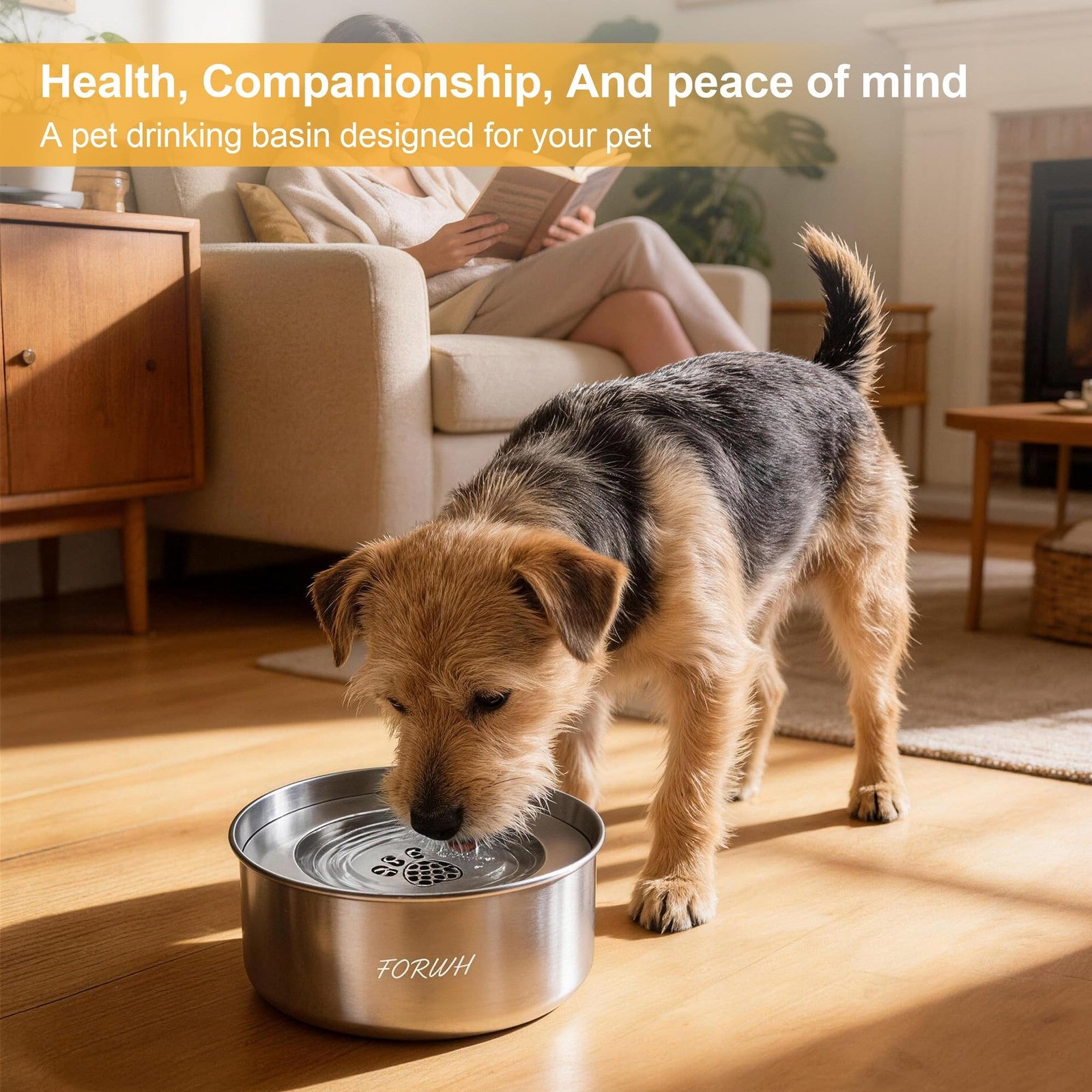 Stainless steel FORWH dog water bowl with no spill design and 101oz capacity, suitable for large pets and outdoor use