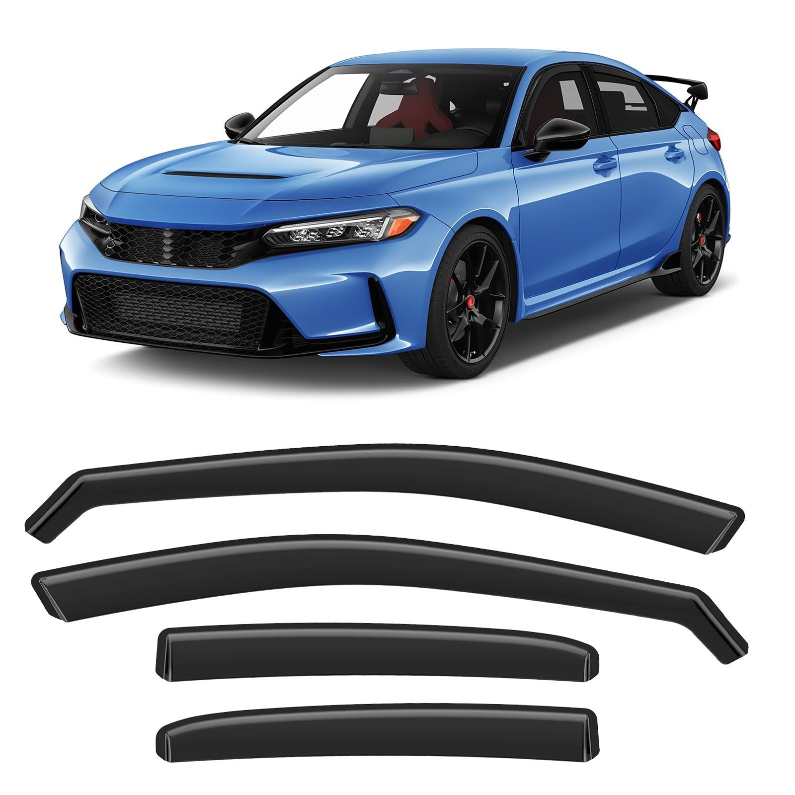 GEARMEISTER in-channel rain guard installed on a 2022-2023 Honda Civic hatchback and sedan, showing the sleek window protection.