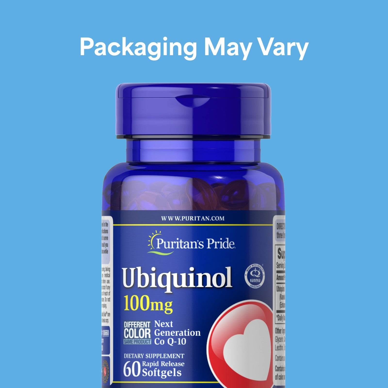 Puritan's Pride Next Gen Ubiquinol Coenzyme CoQ10 100mg dietary supplement bottle with capsules on a white background