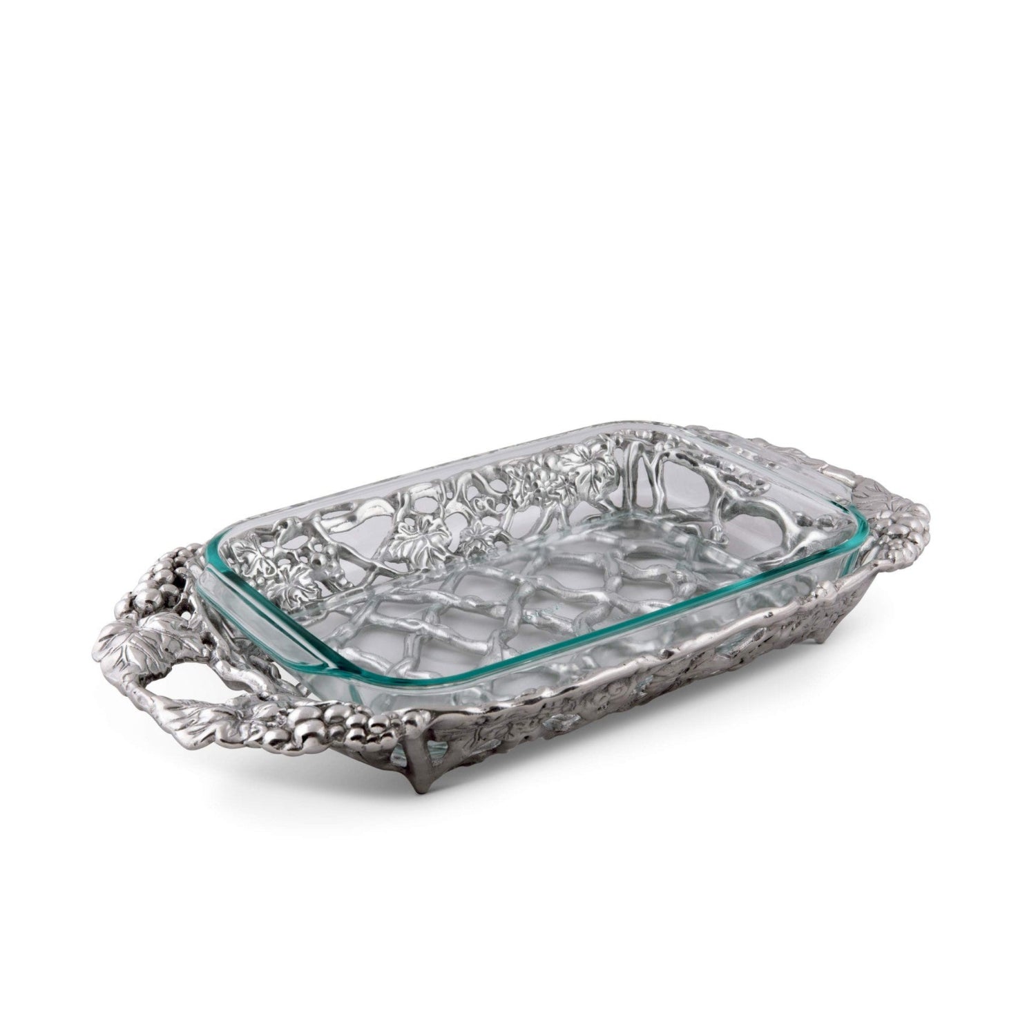 Arthur Court metal casserole dish holder with grape pattern, sand casted design for Pyrex glass baking dishes.