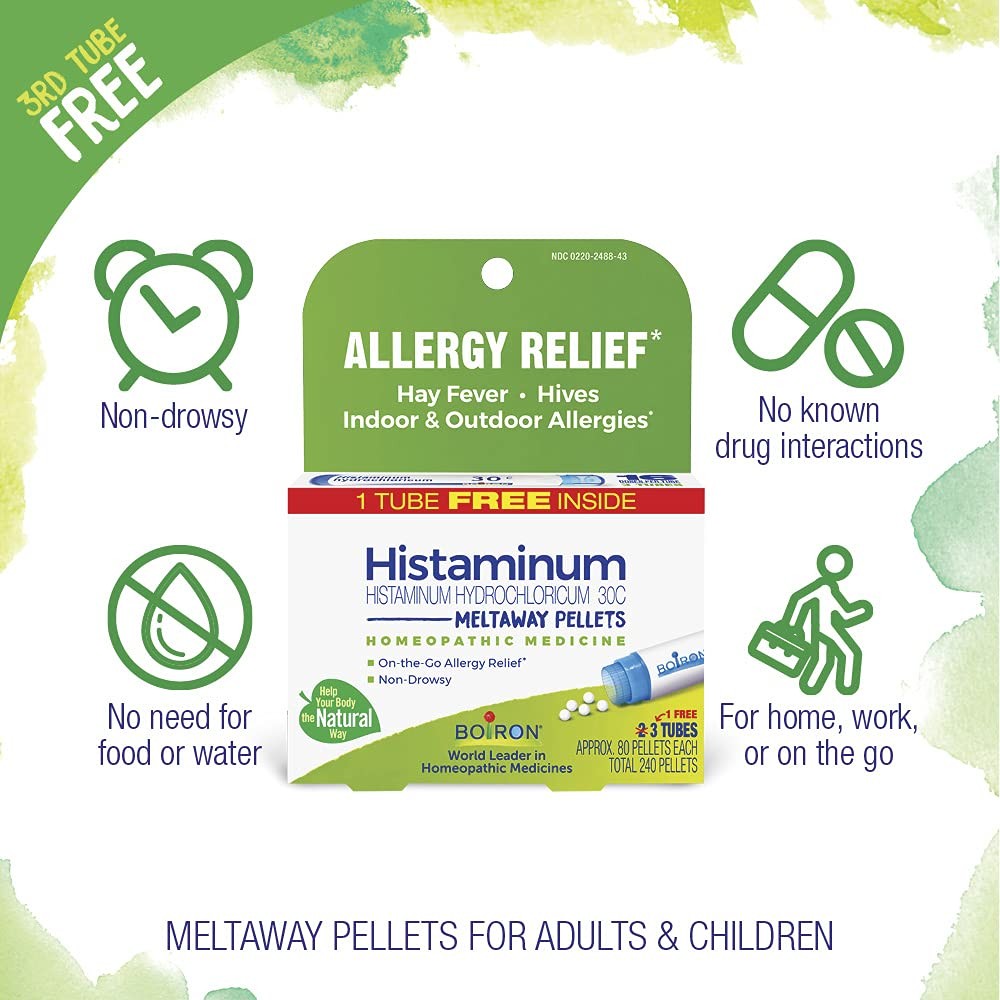 Boiron homeopathic allergy relief medicine bundle with Histaminum Hydrochloricum, featuring multiple small medicine bottles and packaging.