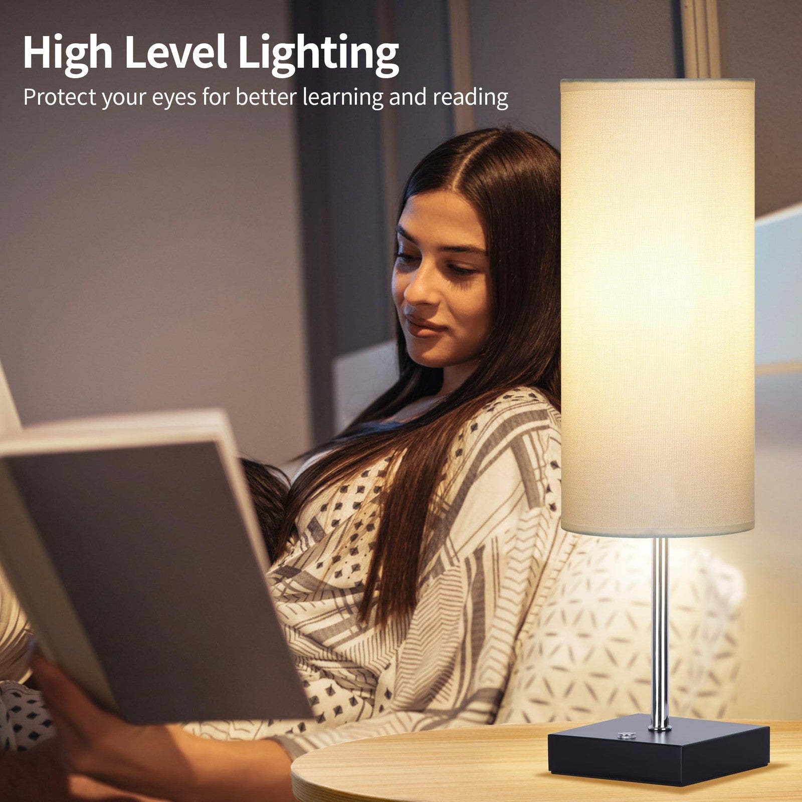 AVV cordless table lamp with dimmable LED light, 5000mAh battery, showing the lamp on a nightstand with adjustable lighting modes