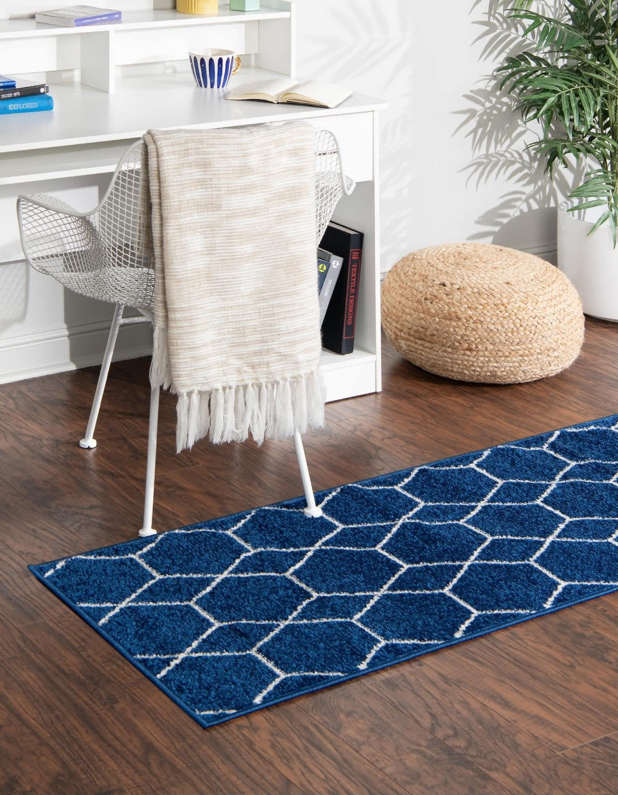 Unique Loom Trellis Frieze Collection navy geometric area rug runner, 2x10, featuring modern trellis pattern and soft textured design.