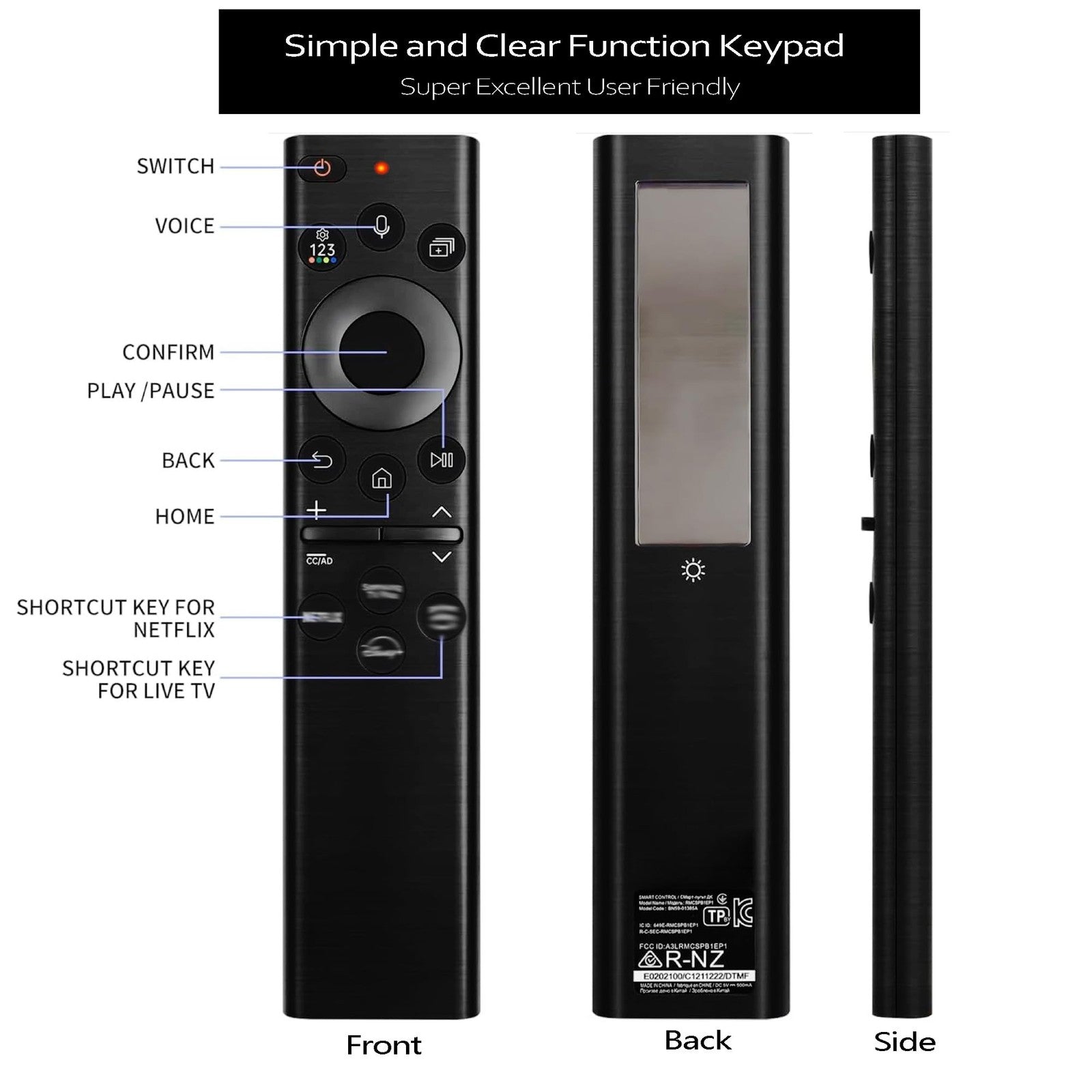 FonPeak Samsung Solar Voice TV remote control compatible with Neo QLED The Frame Crystal TV, featuring a sleek design and voice command buttons.