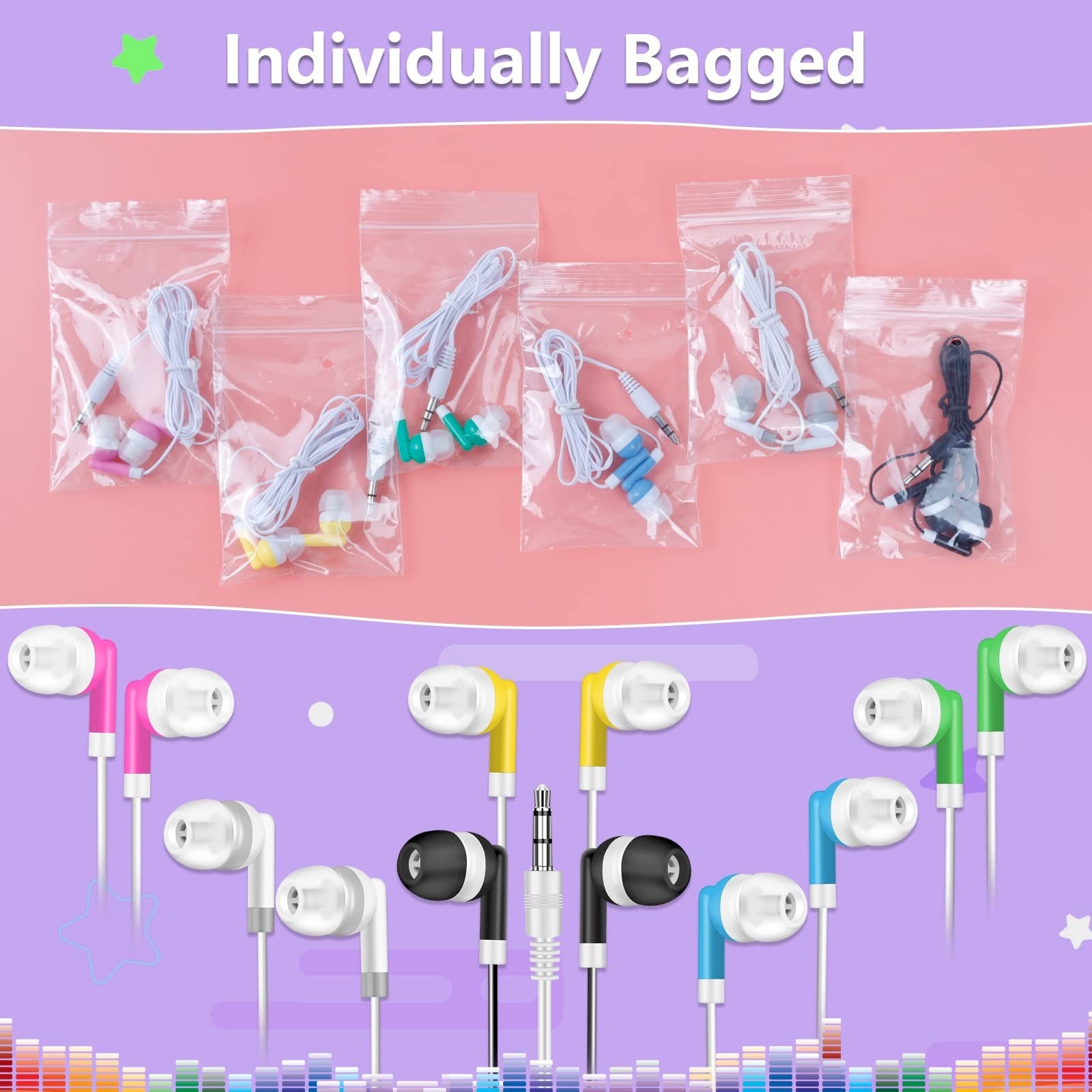 YFSFQS bulk kids earbuds for classroom use, wired in-ear headphones, 10 pairs shown, ideal for students.