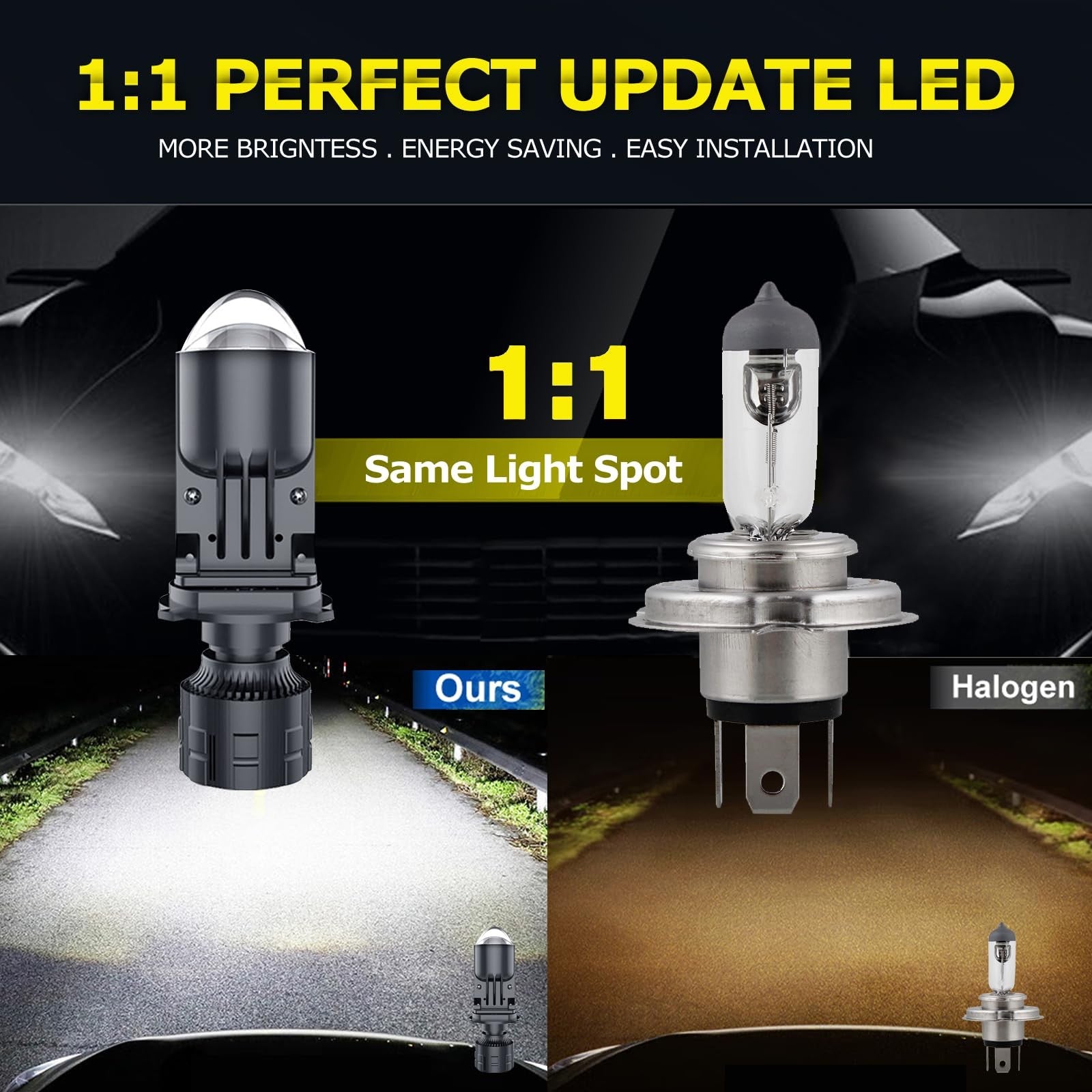 HDYEGIOU H4 LED headlight bulbs with 30,000 lumens brightness, 6000K white color, high and low beam functions.
