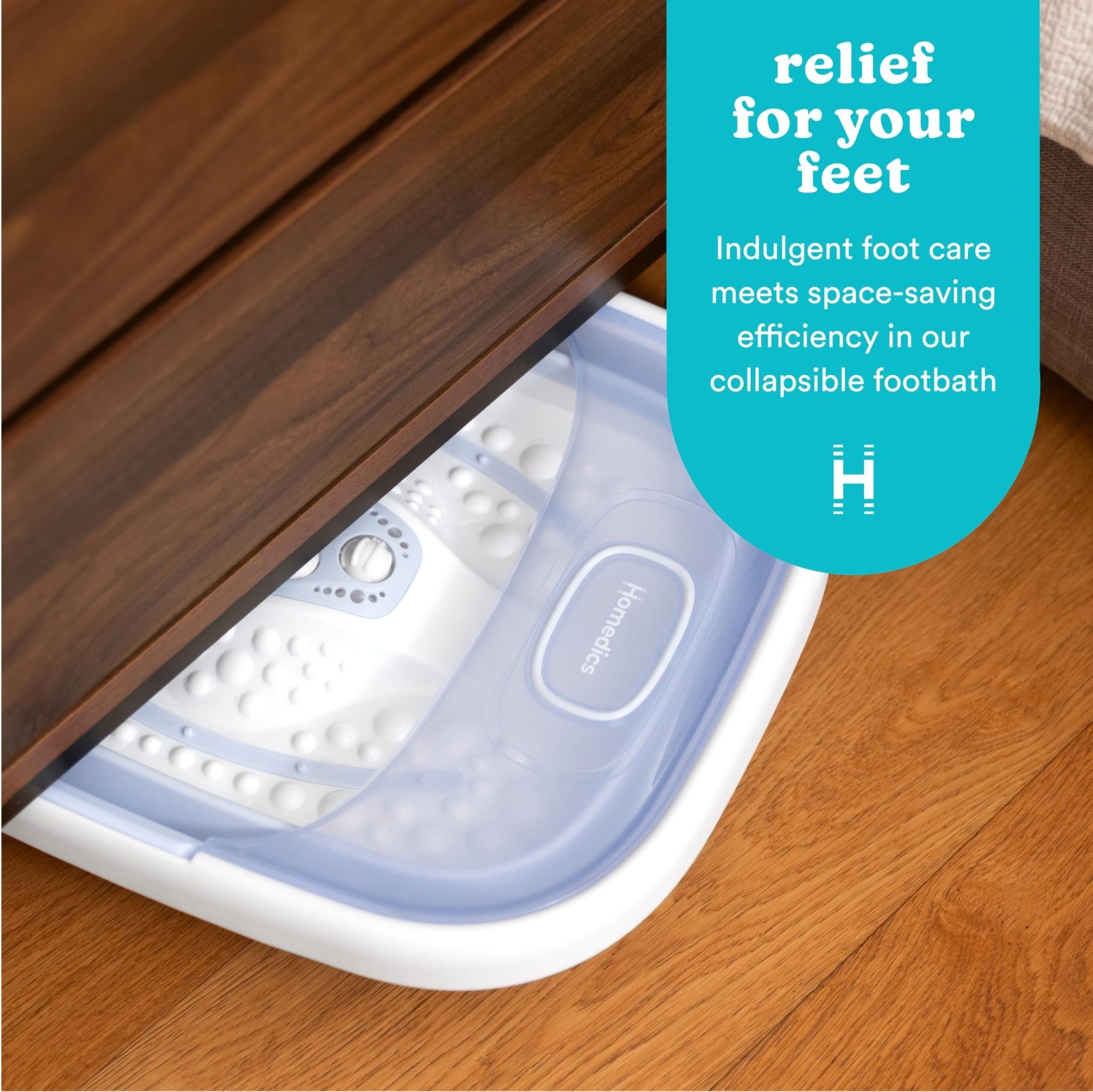Homedics Smart Space Essential collapsible footbath with invigorating bubble massage, featuring a compact design and adjustable settings.