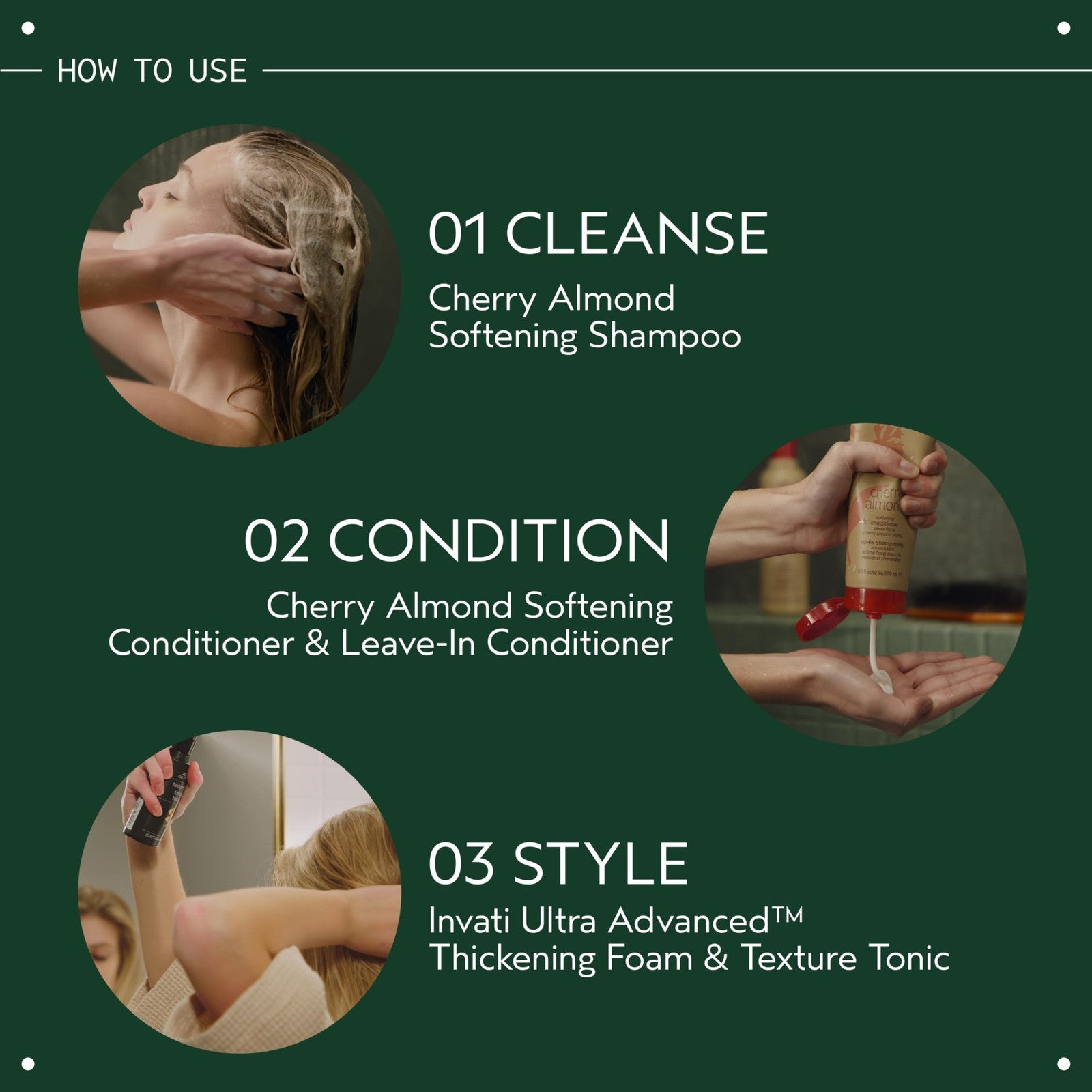 Aveda Cherry Almond Softening Leave-In Conditioner for normal to dry hair, showing the product bottle with cherry and almond ingredients.