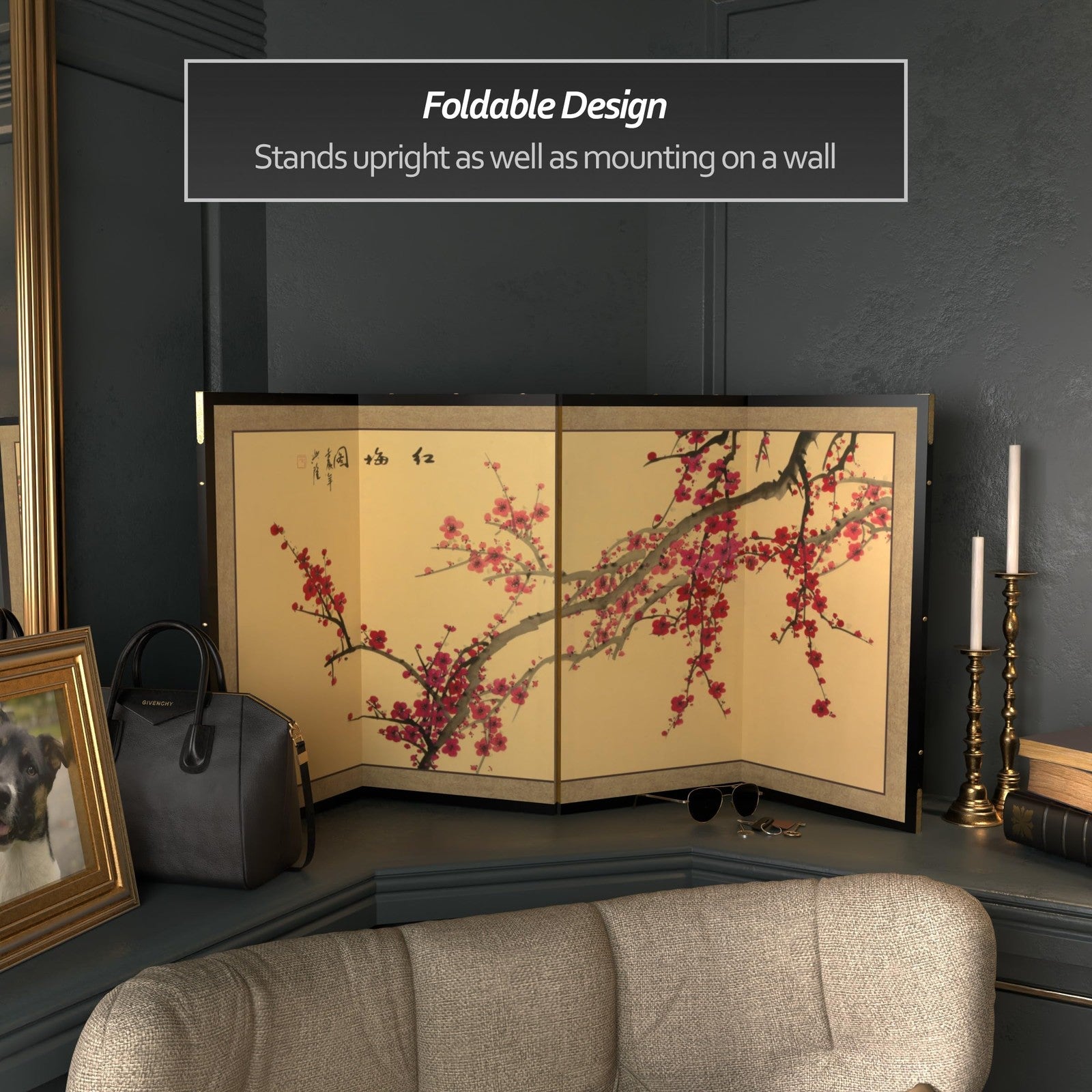 Red Lantern Oriental Furniture Plum Blossom 24-inch decorative screen featuring a detailed plum blossom design.