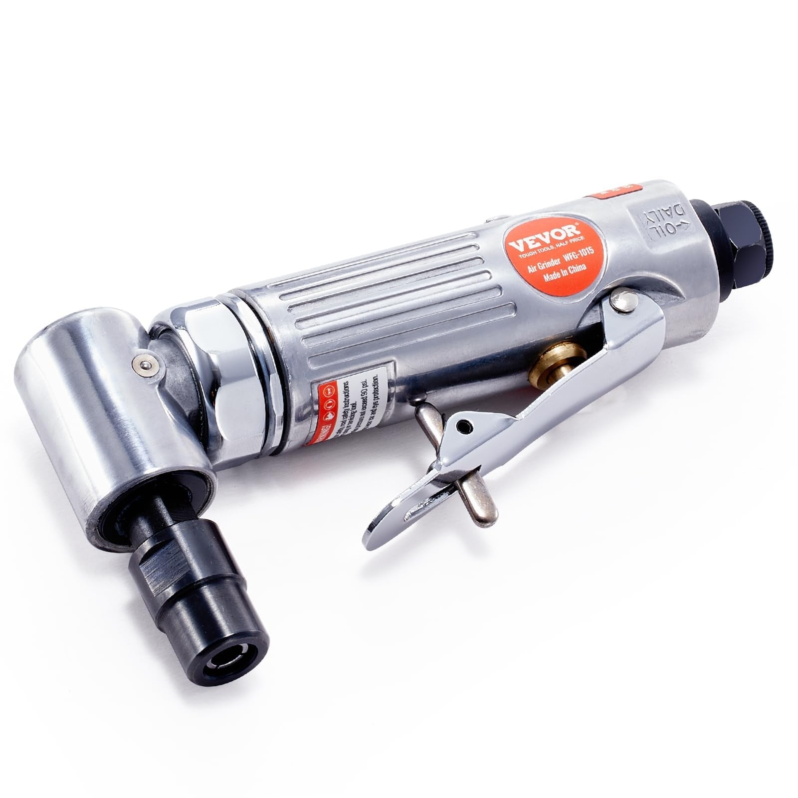 VEVOR 1/4-inch right angle air die grinder with lightweight design and ball bearing, spinning at 20,000 RPM for precision grinding.