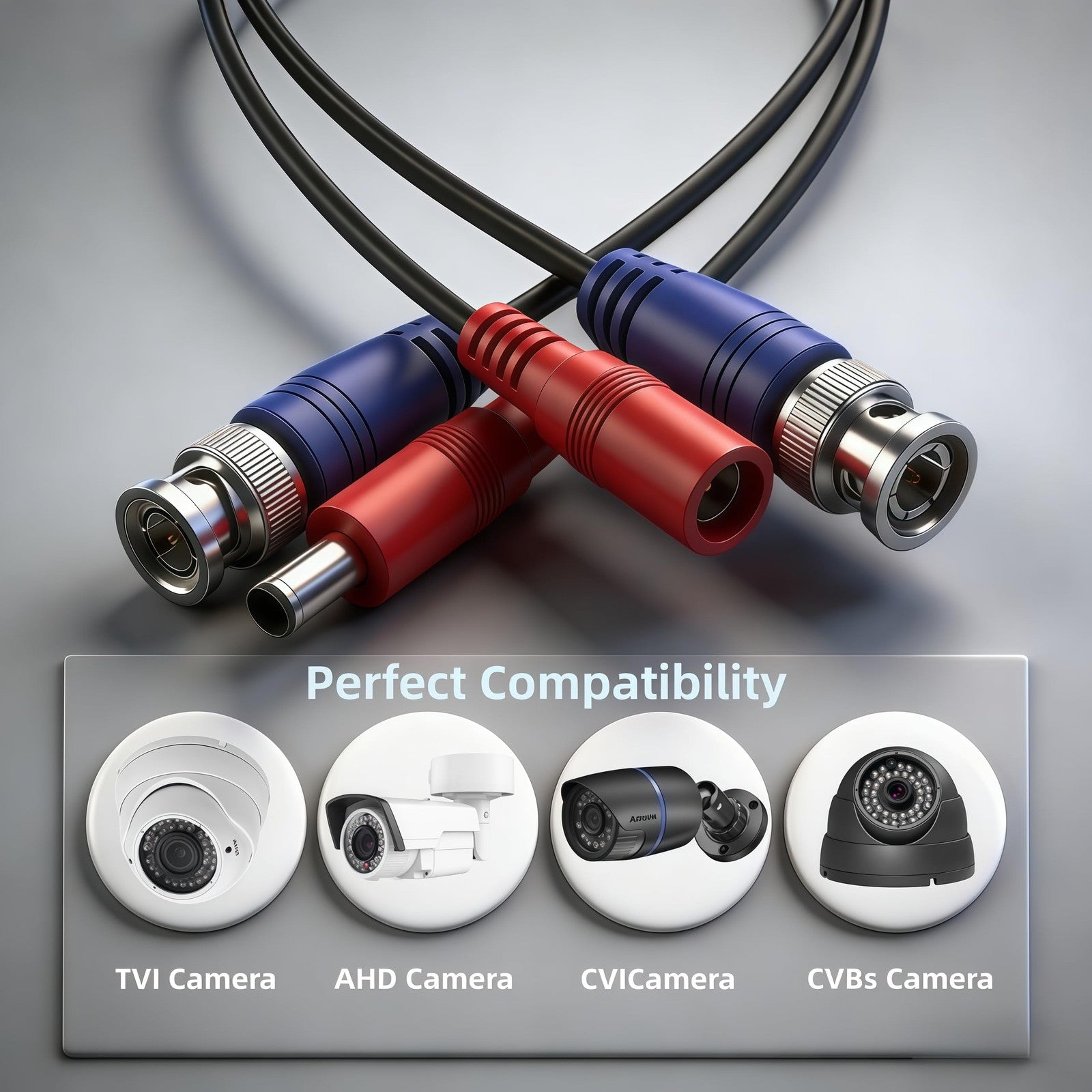 LETONDA BNC 50ft video power extension cable with 4mm thickness for CCTV security cameras, shown coiled and connected to a camera.