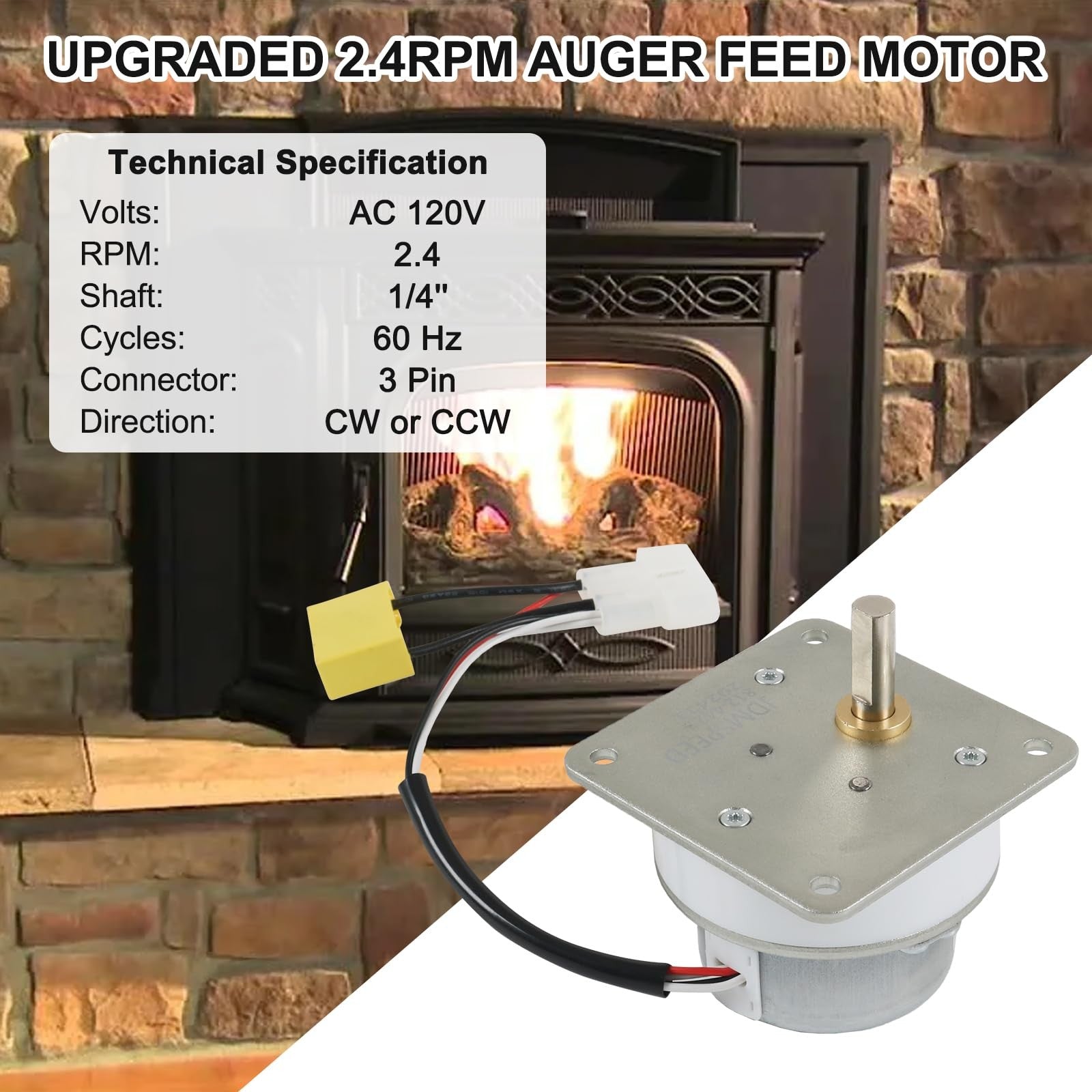 Ralzaoto 2.4RPM AC120V auger feed motor compatible with Quadra-Fire Part 812-442, shown with wiring and mounting features.