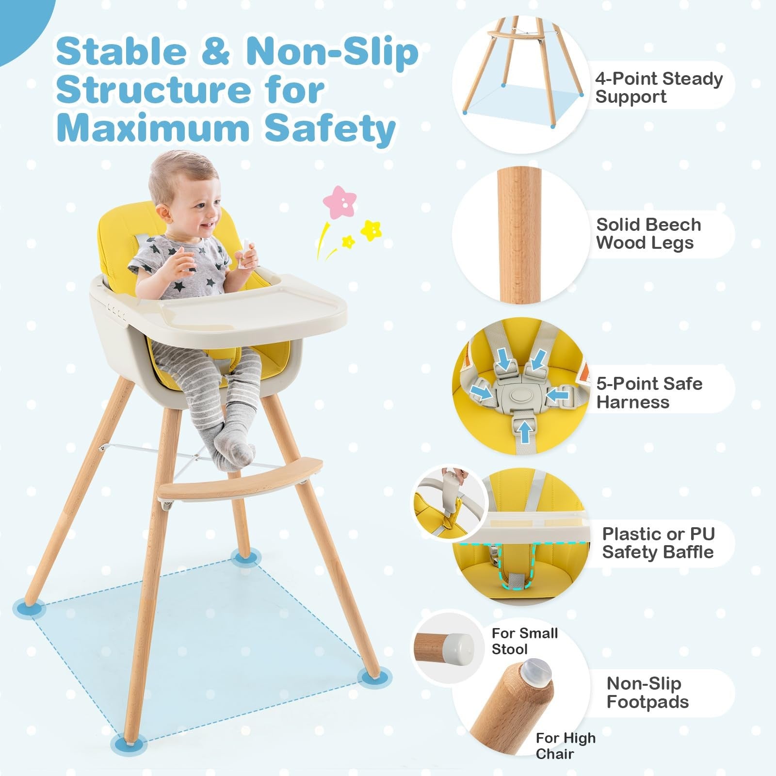 Honey Joy 3-in-1 wooden high chair for toddlers, functioning as a booster seat and eat-grow chair for flexible seating.