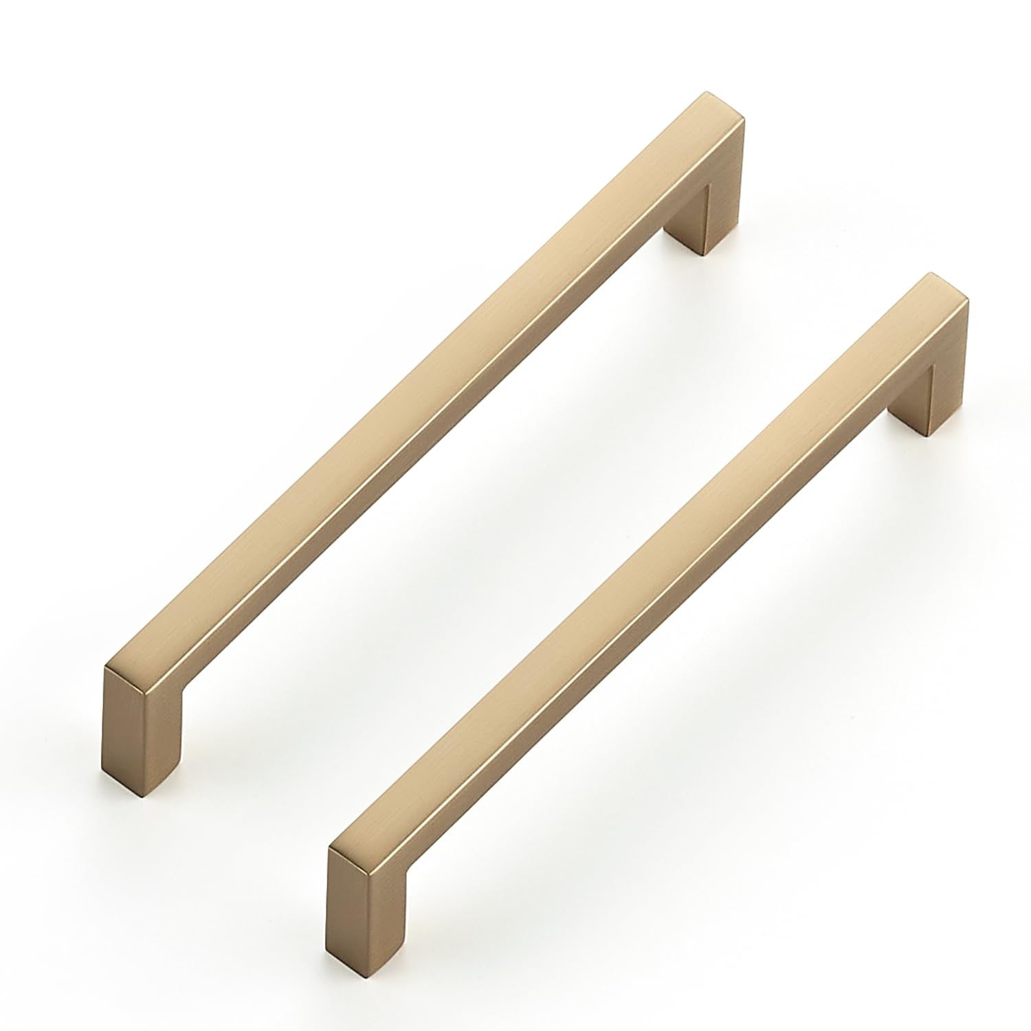 Set of ten Ravinte 5-inch center-to-center slim square bar cabinet handles in champagne finish, shown on a cabinet.