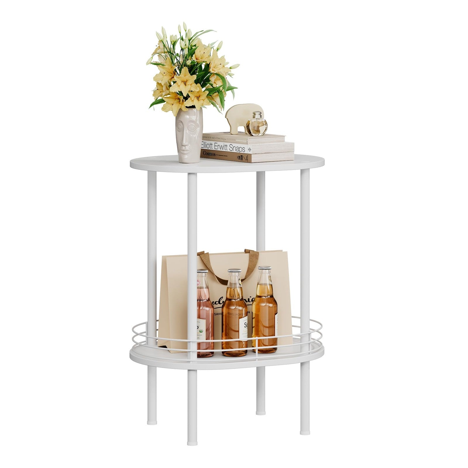 Small modern oval side table by DGSANDGO with two tiers and storage, sturdy design for living room or bedside use.