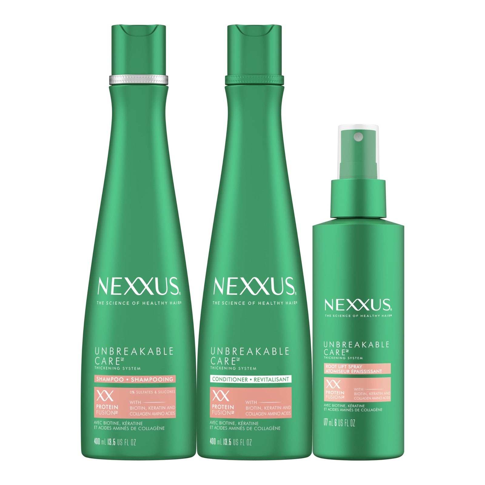 Nexxus Unbreakable Care shampoo, conditioner, and leave-in spray for fine hair, displayed together in a 3-pack.