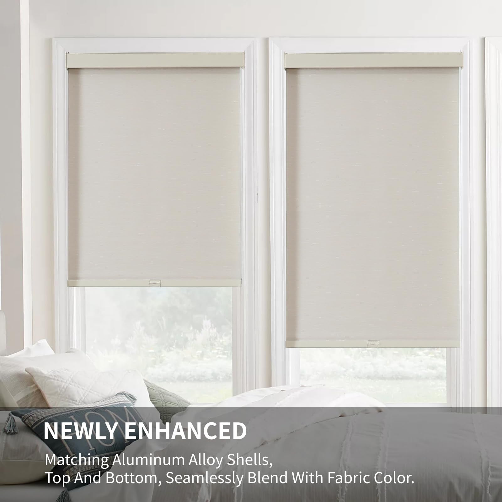 Joydeco 100% blackout cordless roller shades for windows, featuring a sleek black design and a free-stop mechanism.