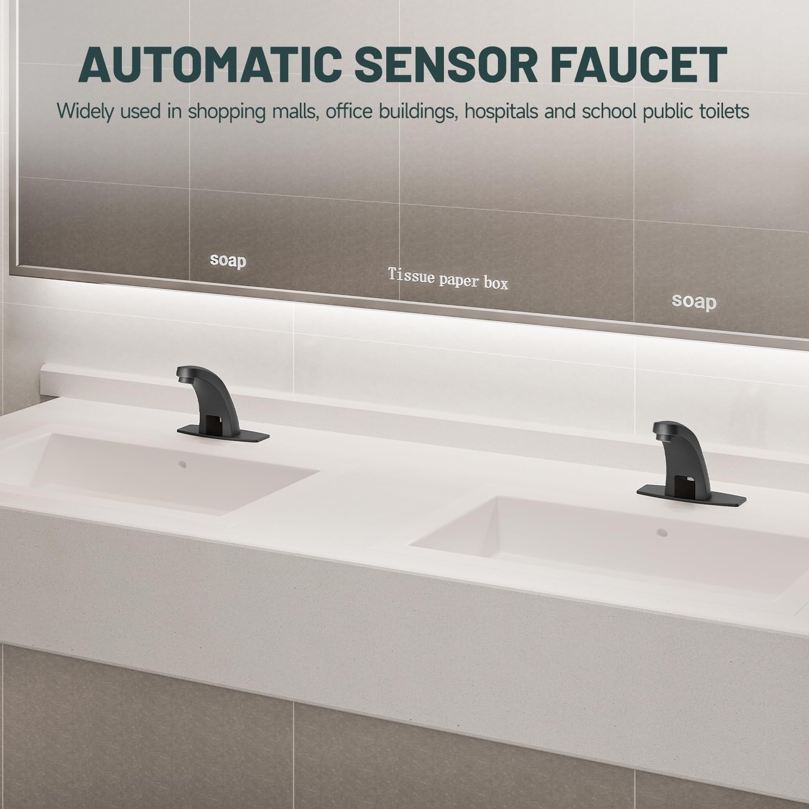 Greenspring touchless bathroom sink faucet with automatic sensor, AC/DC power, designed for commercial use, shown installed in a bathroom.